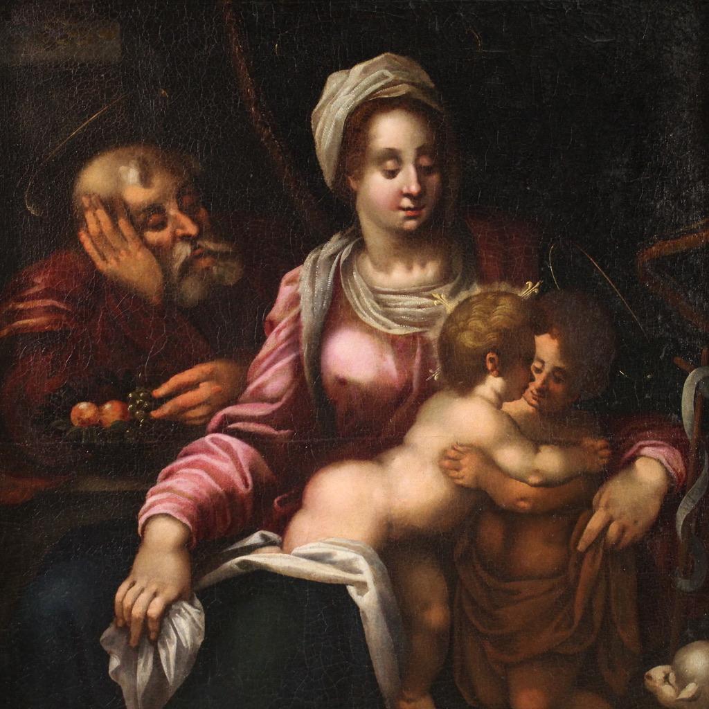 Great Italian painting from the second half of the 16th century. Oil on canvas painting depicting a Holy Family from the Tuscan school of remarkable pictorial quality. We find the typical stylistic features of the Renaissance with a wonderful