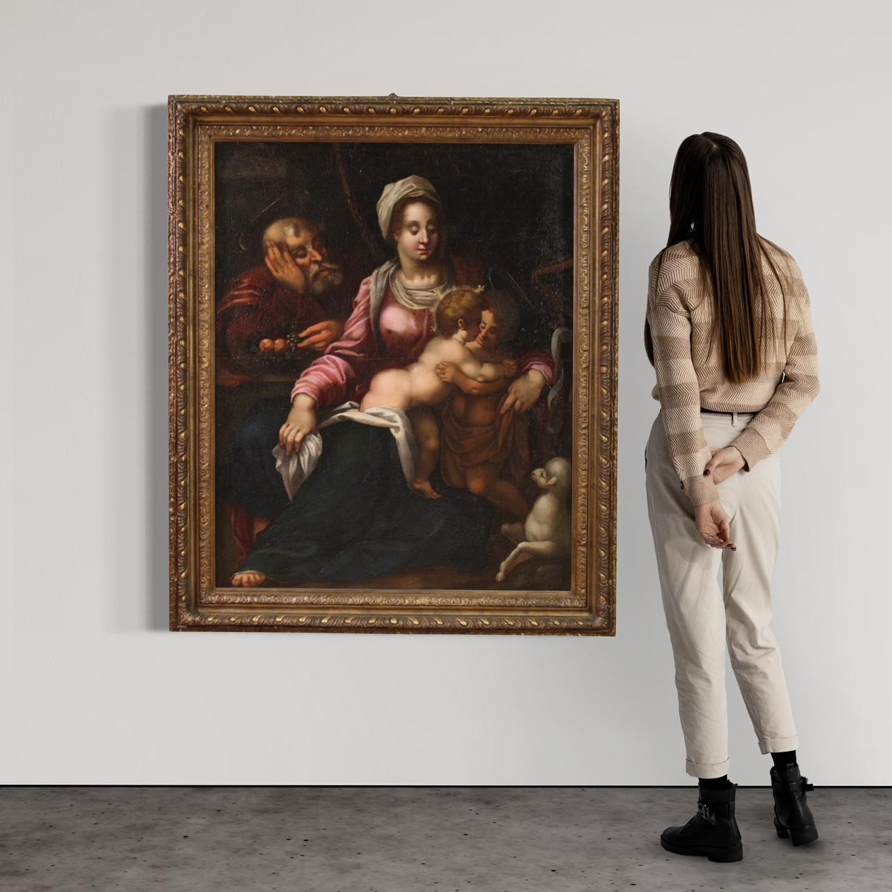 Italian 16th Century Oil on Canvas Tuscan School Antique Religious Painting Holy Family in vendita