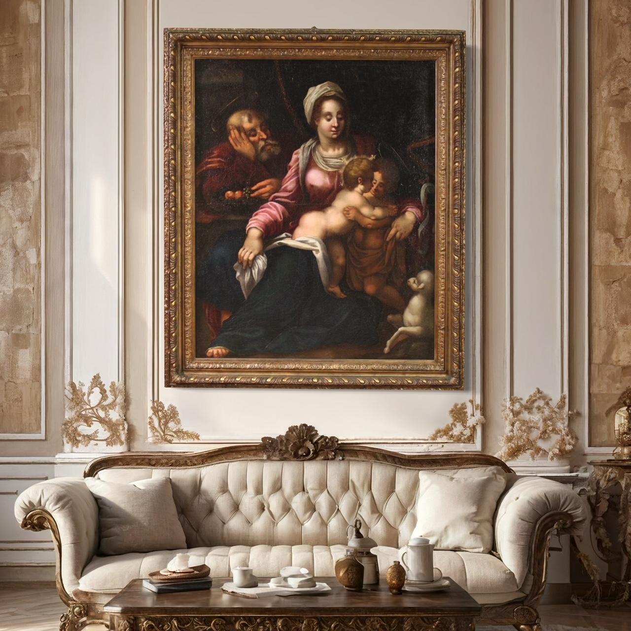 Tela 16th Century Oil on Canvas Tuscan School Antique Religious Painting Holy Family in vendita