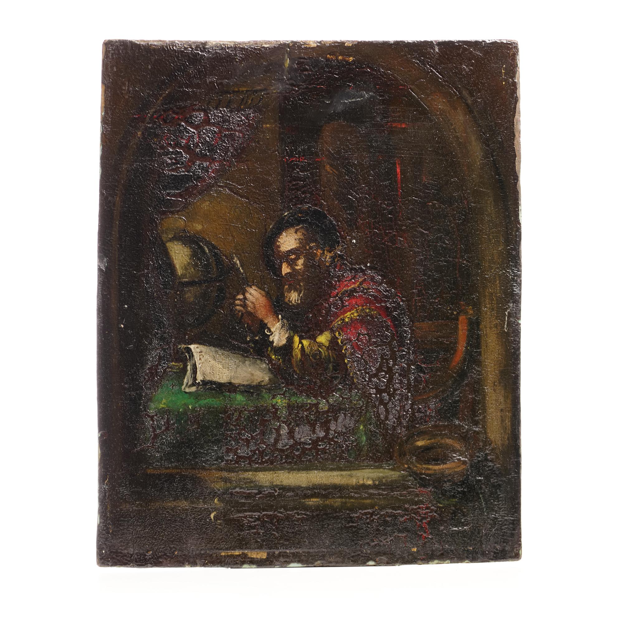 16th Century Oil on Wood Panel: ' Scholar in Solitude ' 

This painting portrays a solitary scholar seated at a table, immersed in the pages of an open book. Beside him rests a globe, symbolizing his intellectual pursuits and curiosity about the