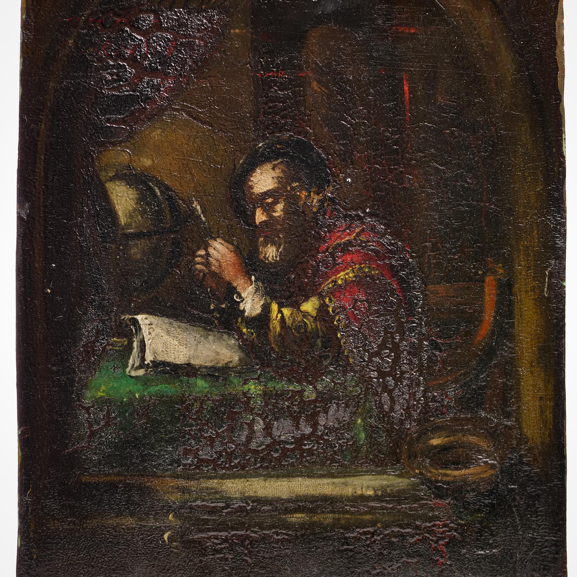 European 16th Century Oil on Wood Panel: ' Scholar in Solitude '  For Sale