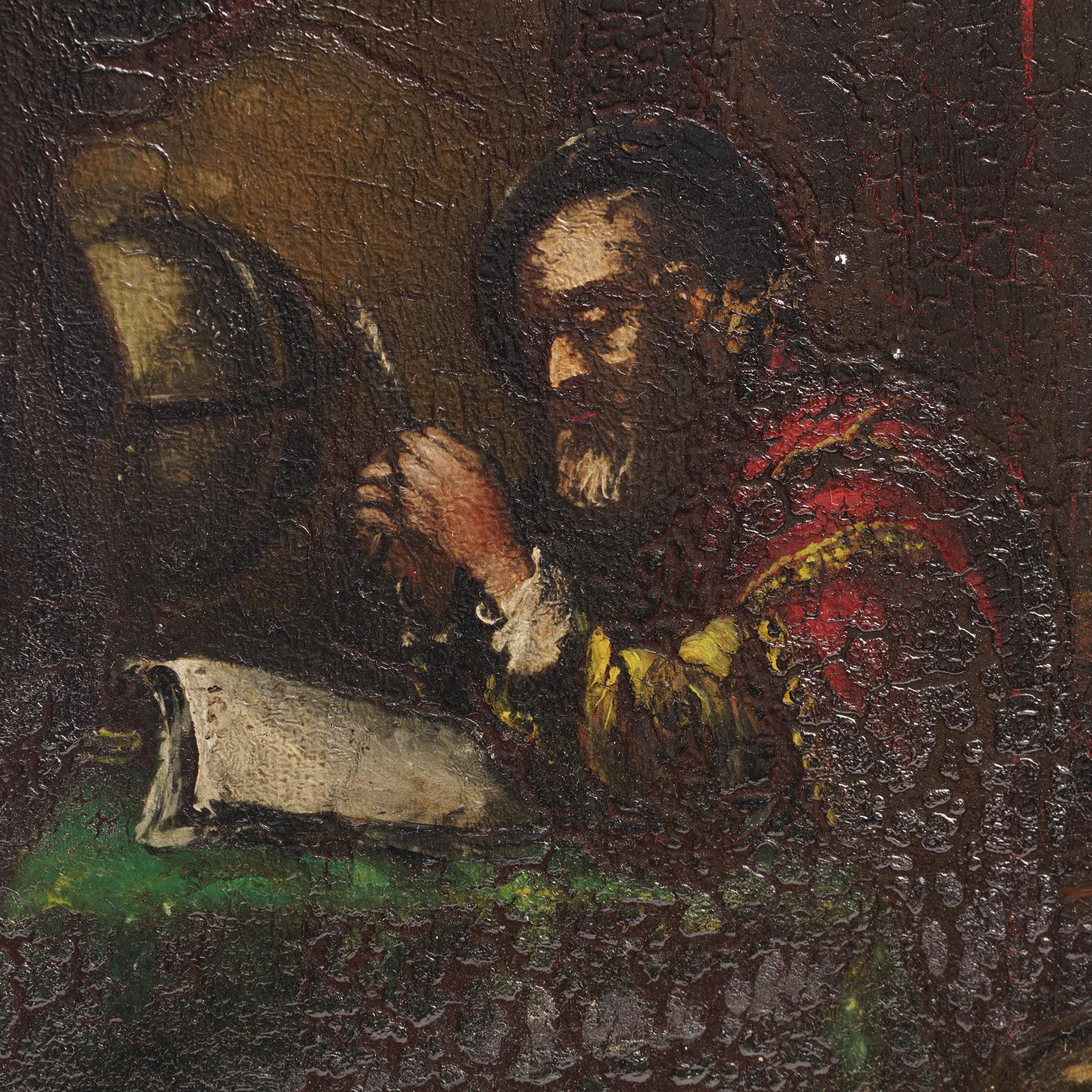 Oiled 16th Century Oil on Wood Panel: ' Scholar in Solitude '  For Sale