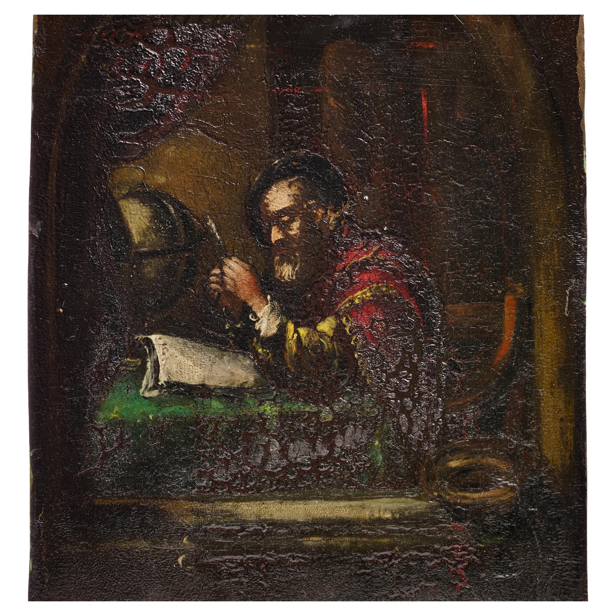 16th Century Oil on Wood Panel: ' Scholar in Solitude ' 