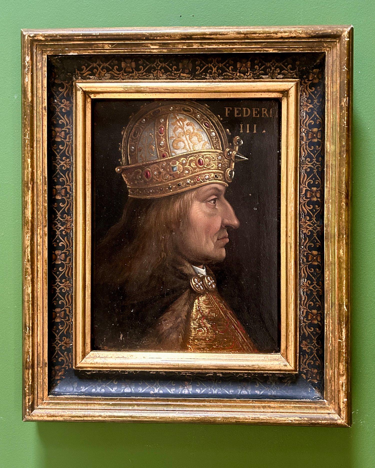 Pittura a olio del 16° secolo dell'Imperatore Federico III, Pittura a olio religiosa antica, Pittura a olio del re antico, Hans Burgkmair il più anziano.  

Dipinto a olio su tavola del XVI secolo raffigurante l'Imperatore del Sacro Romano Impero