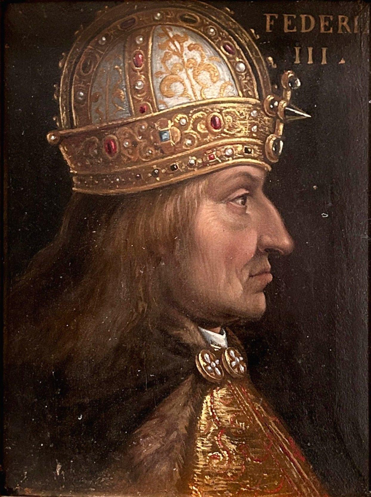 Rinascimento Dipinto a olio del XVI secolo raffigurante l'imperatore Federico III della scuola di Hans Burgkmair in vendita