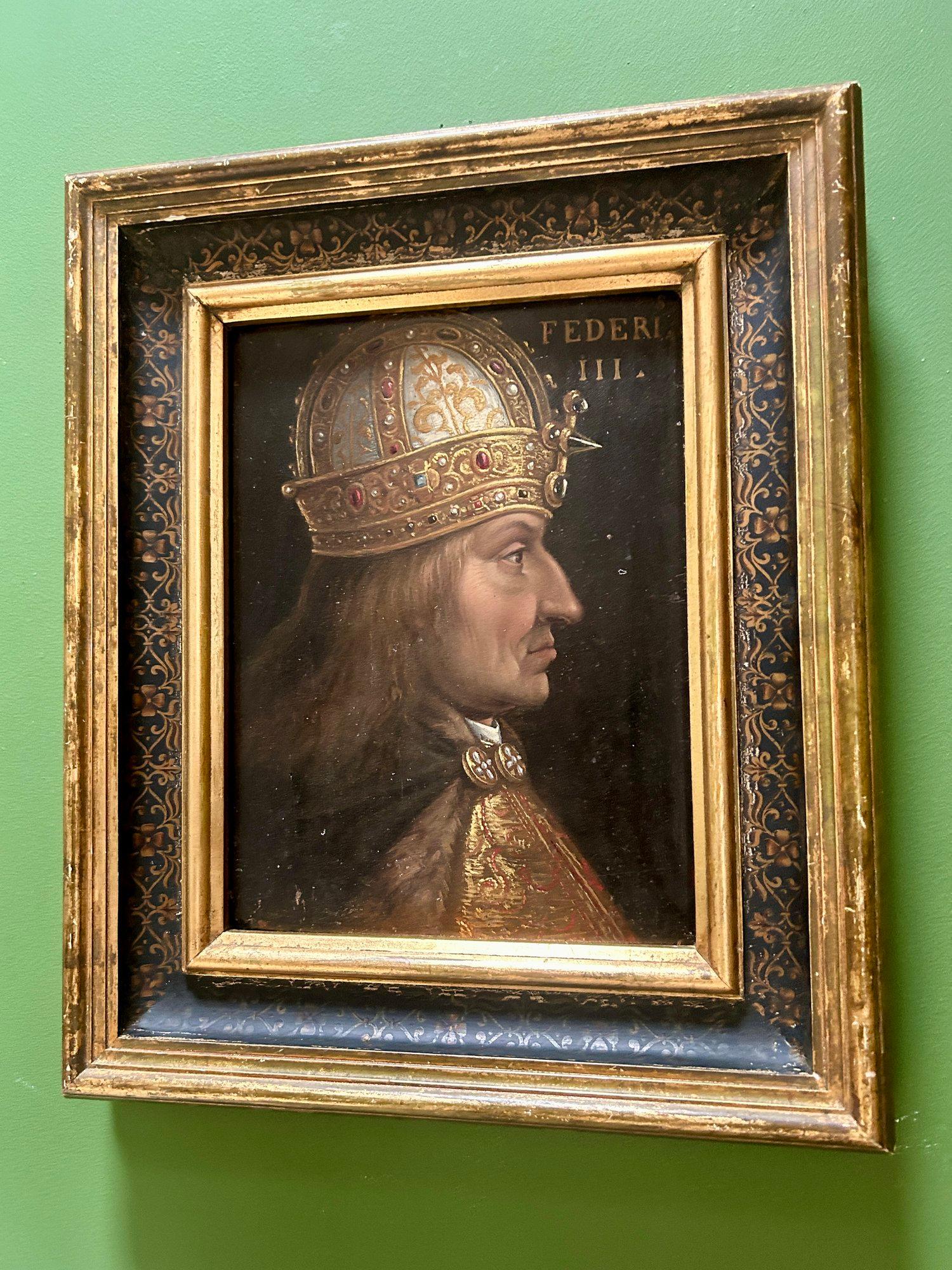 Intagliato Dipinto a olio del XVI secolo raffigurante l'imperatore Federico III della scuola di Hans Burgkmair in vendita