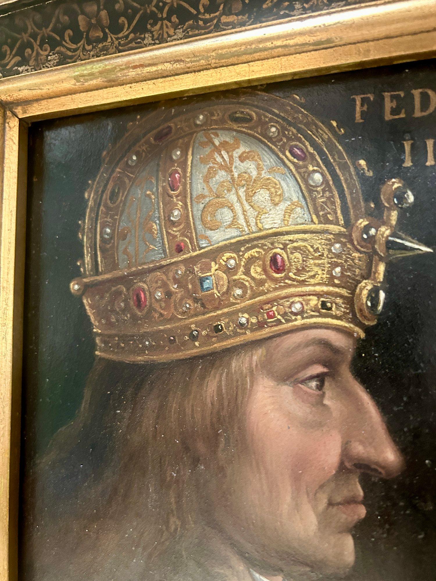 Legno Dipinto a olio del XVI secolo raffigurante l'imperatore Federico III della scuola di Hans Burgkmair in vendita
