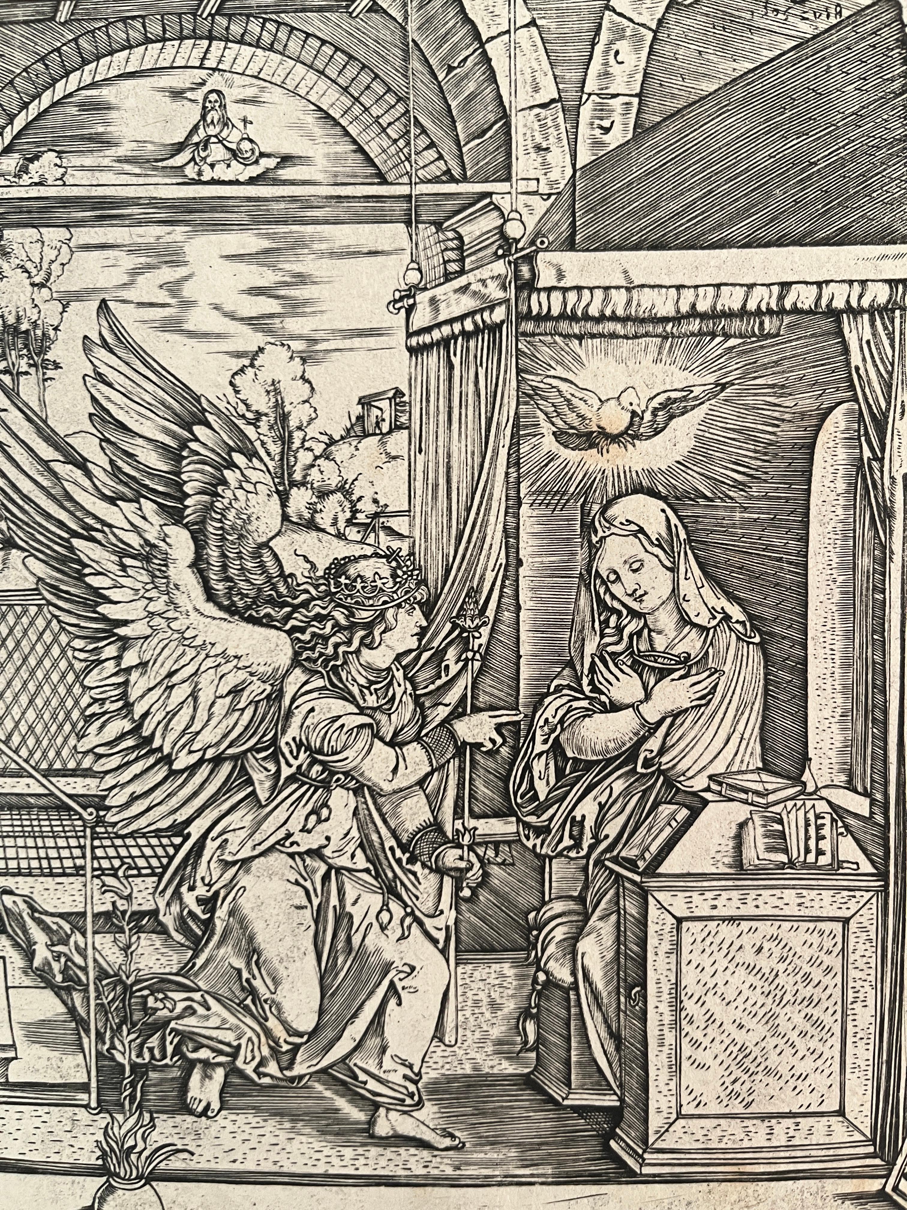 Altmeisterdruck der Verkündigung aus dem 16. Jahrhundert von Marcantonio Raimondi, nach Albrecht Dürer

Druck von Marcantonio Raimondi, nach Albrecht Dürer
Wahrscheinlich Venedig, Italien; ca. 1505-15
Gedruckt auf Büttenpapier mit