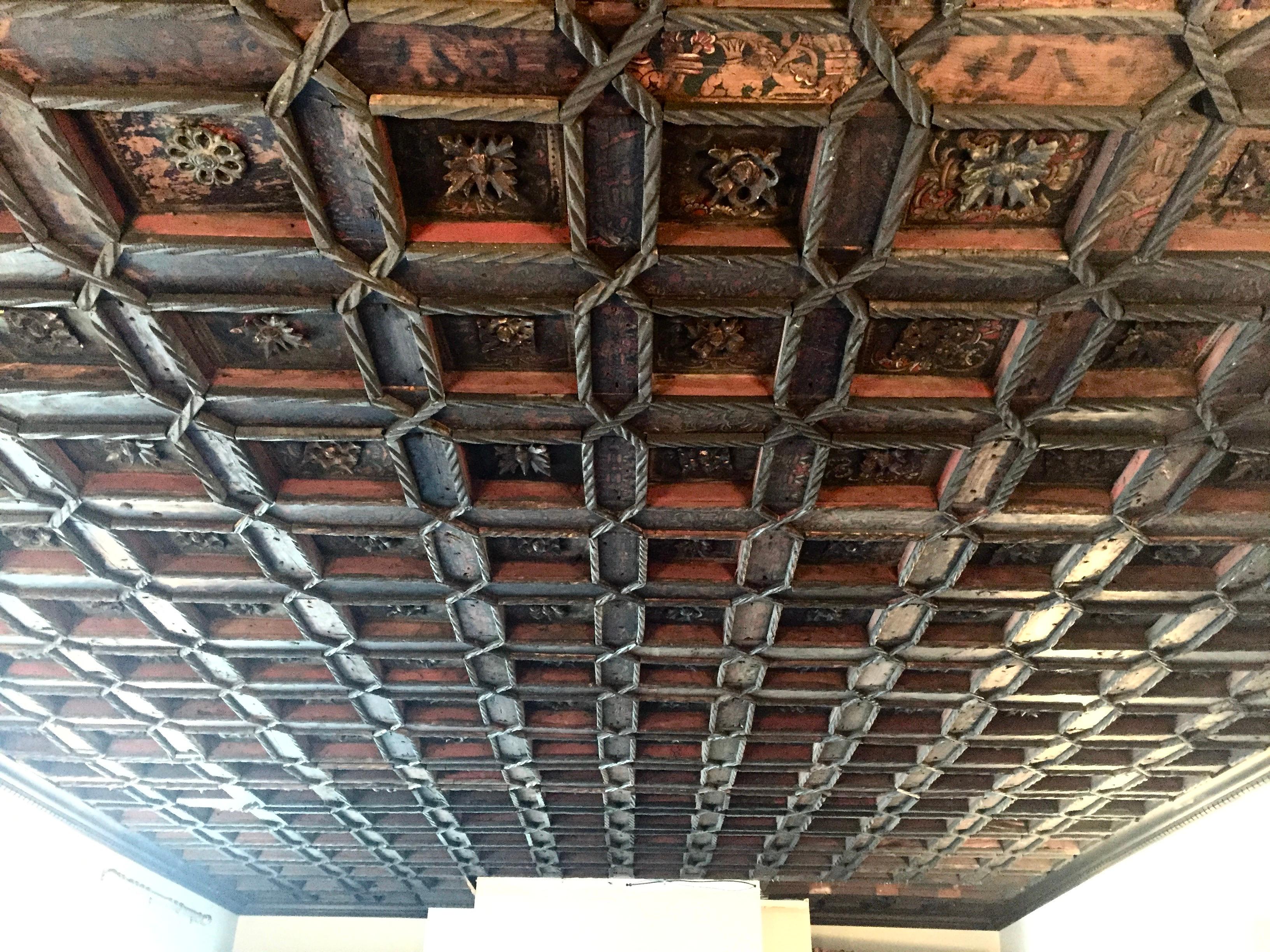 Carved 16th Century Painted Spanish Coffered Ceiling, Isabella Stewart Gardner For Sale