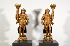 16th Century, Pair of Italian Lacquered and Gilt Wood Sculptures Torch Holders