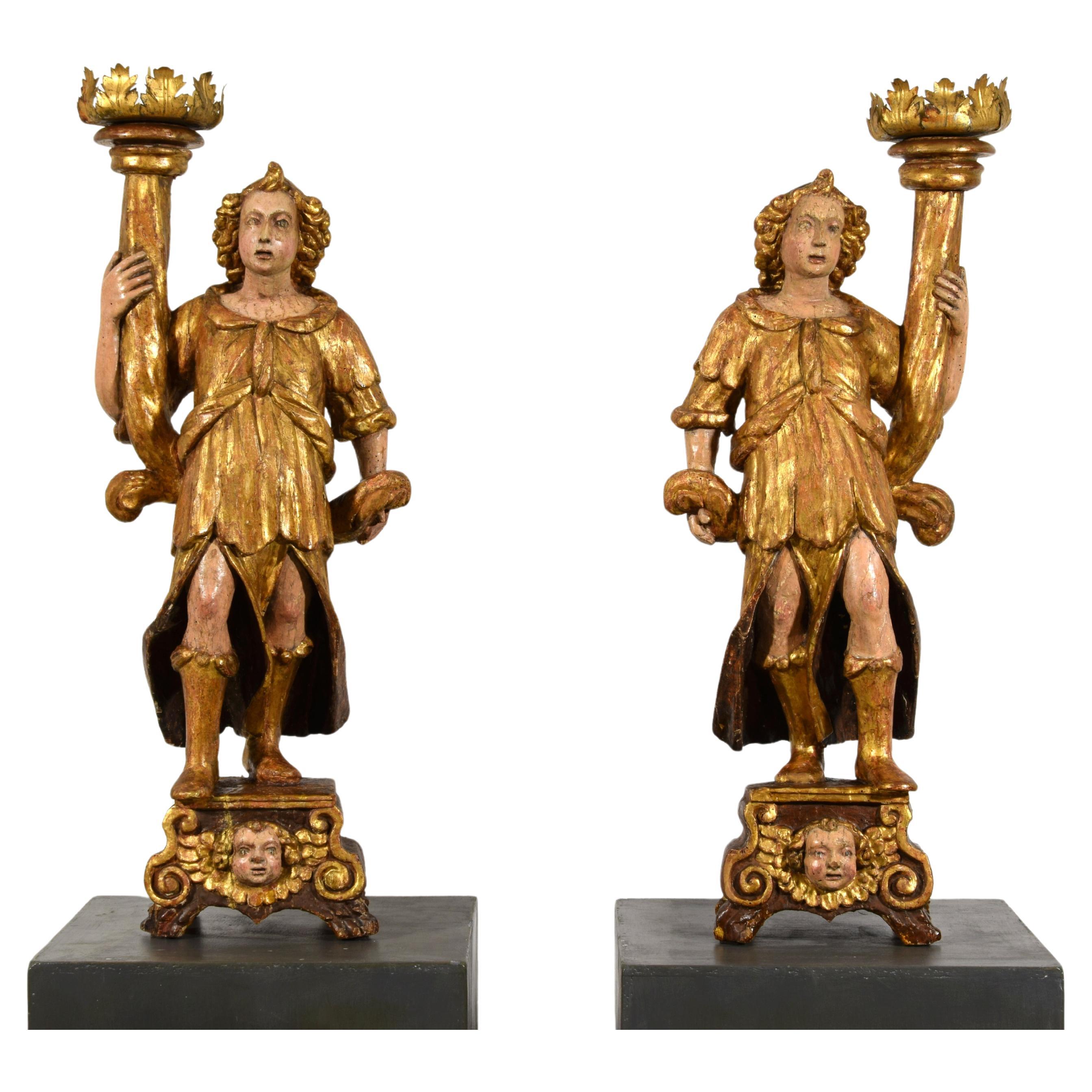16th Century, Pair of Italian Lacquered and Gilt Wood Sculptures Torch Holders