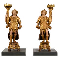 Siglo XVI, Pareja de Esculturas Italianas de Madera Lacada y Dorada Porta Antorchas