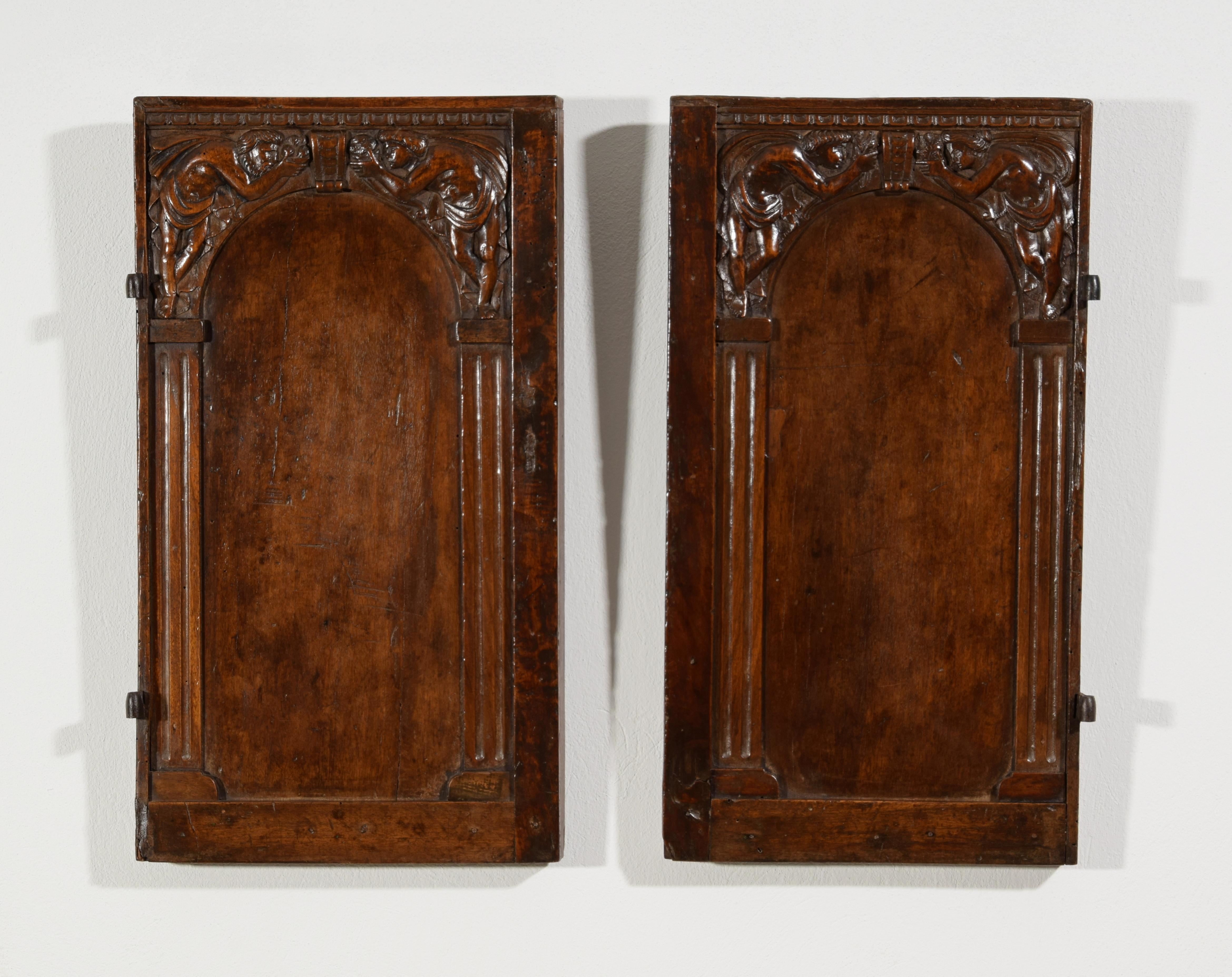 Paire de petites portes en noyer sculpté, XVIe siècle, Italie centrale
Cette paire de petites portes a été fabriquée au XVIe siècle, en Italie centrale, en noyer sculpté. La décoration prévoit pour chaque porte deux colonnes sculptées sur les côtés,