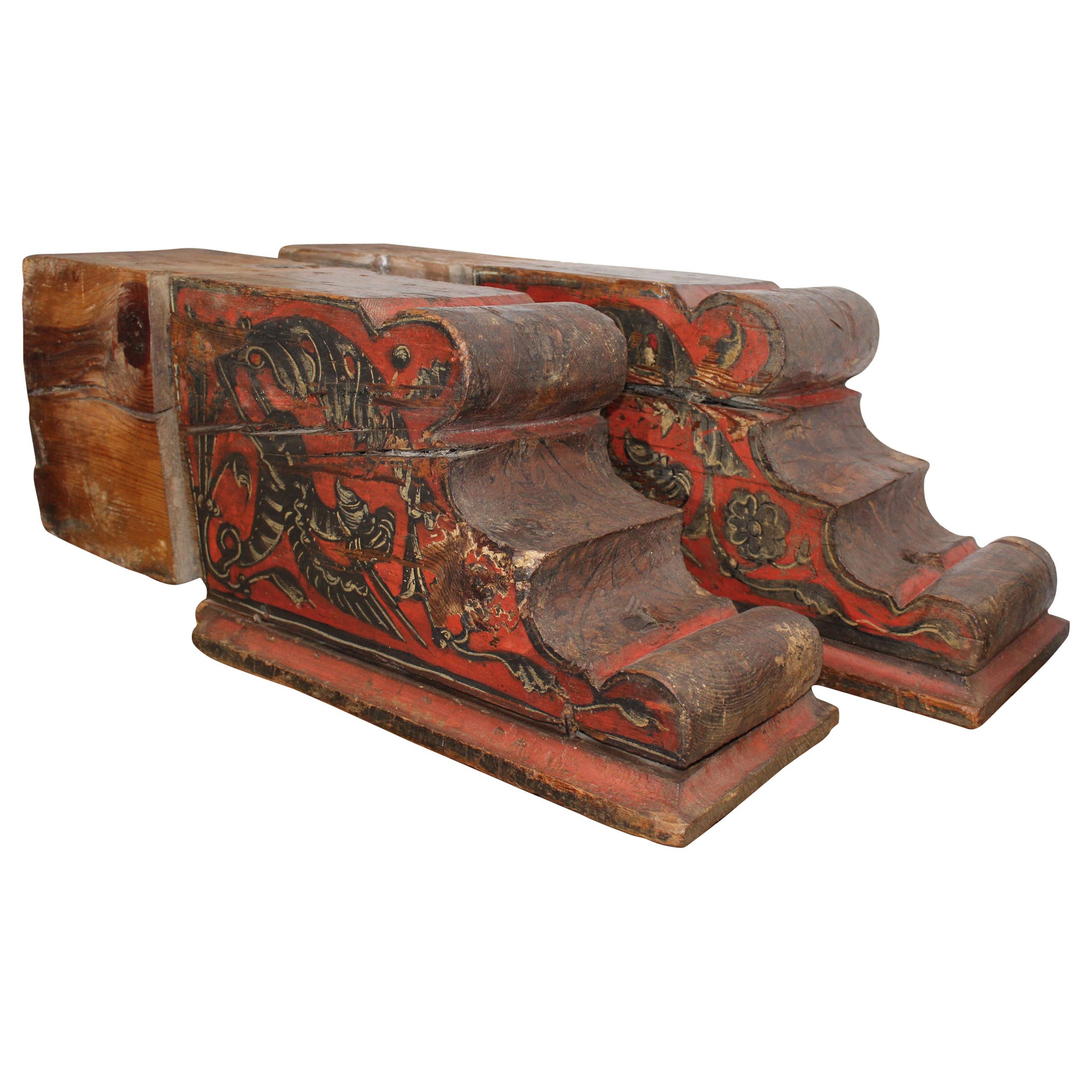 16th Century Pair of Spanish Polychrome Wooden Footings with Medieval Scenes