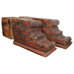 16th Century Pair of Spanish Polychrome Wooden Footings with Medieval Scenes