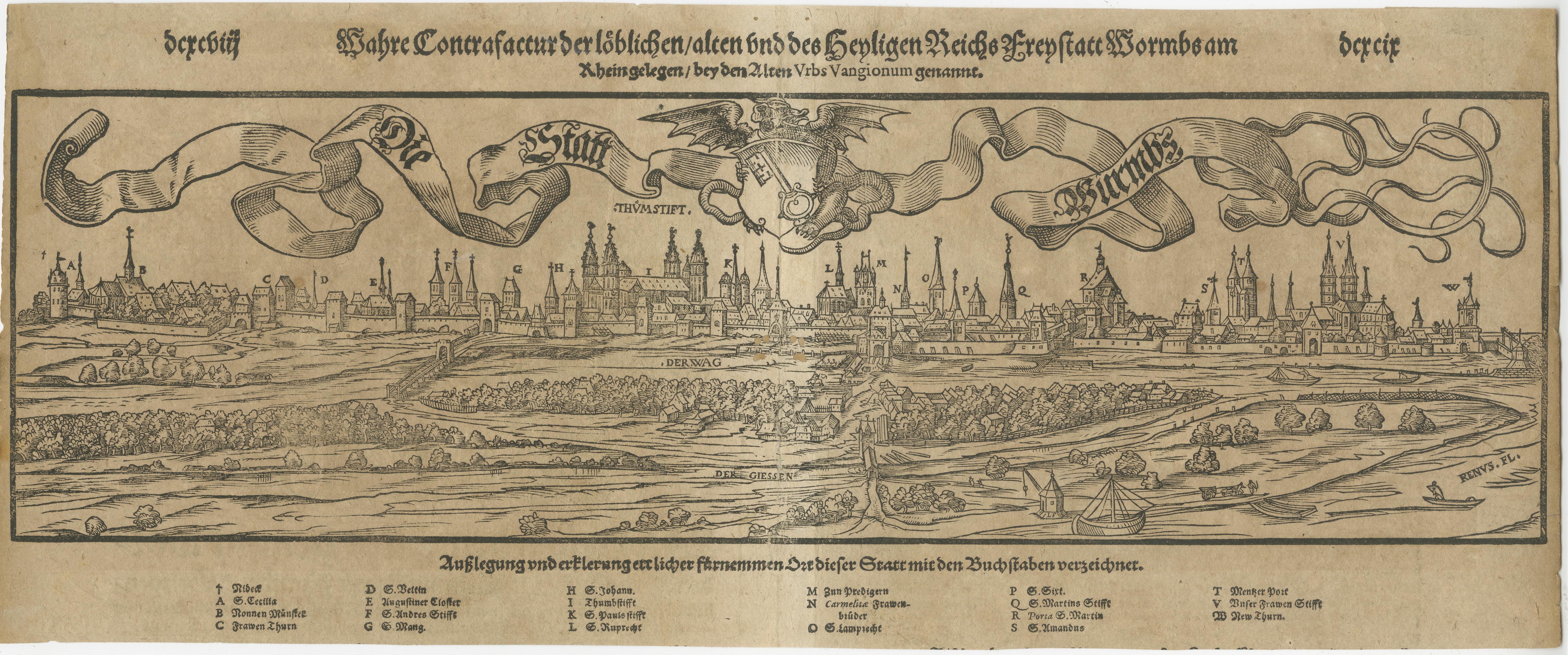 Si tratta di una veduta in xilografia della città di Worms, pubblicata nella *Cosmographia* di Sebastian Münster intorno al 1578. L'immagine raffigura una veduta a volo d'uccello della città di Worms, situata nella Renania-Palatinato, in Germania,