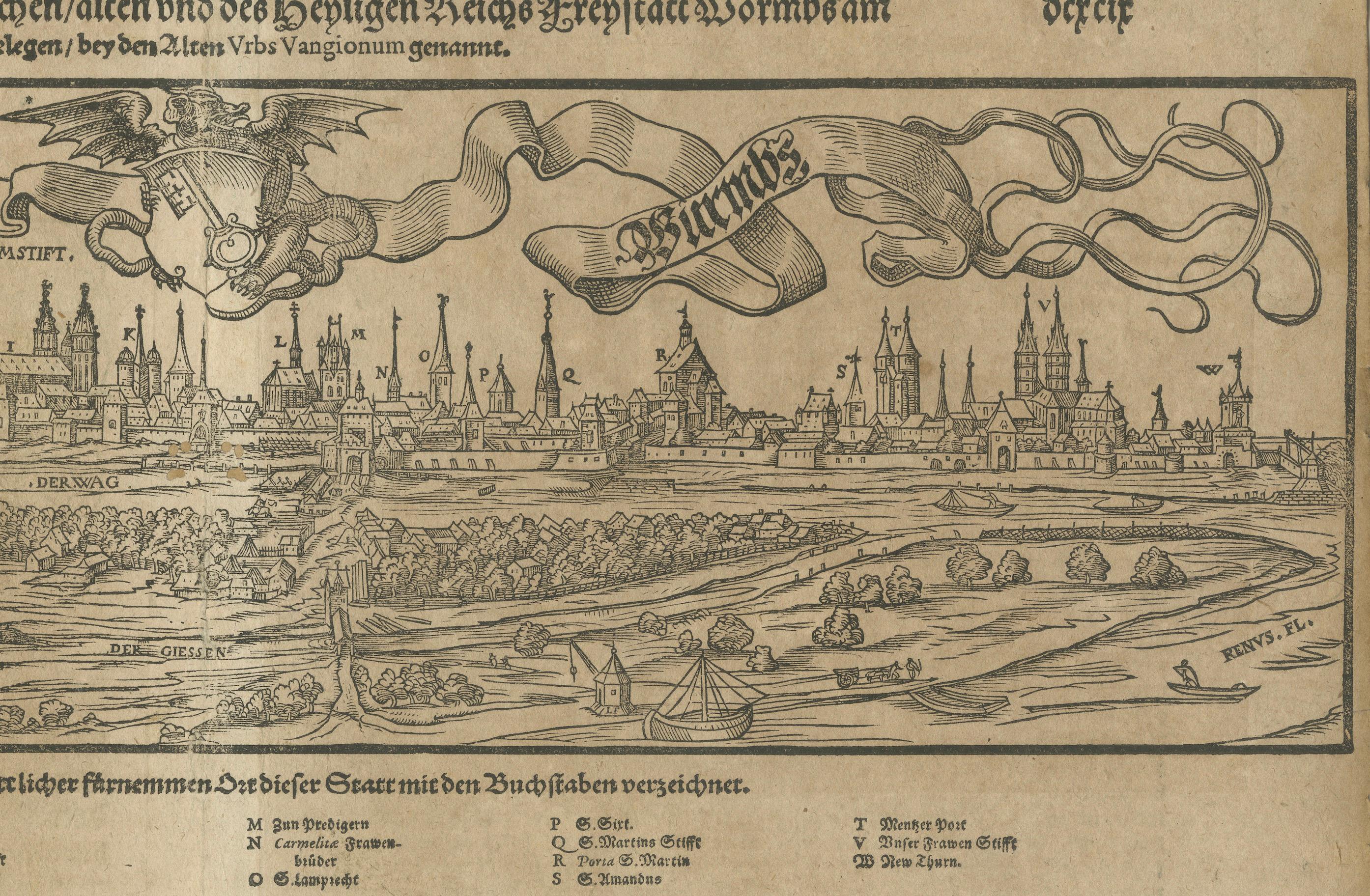 Inciso Vista panoramica di Worms del XVI secolo: Una xilografia di Sebastian Münster in vendita