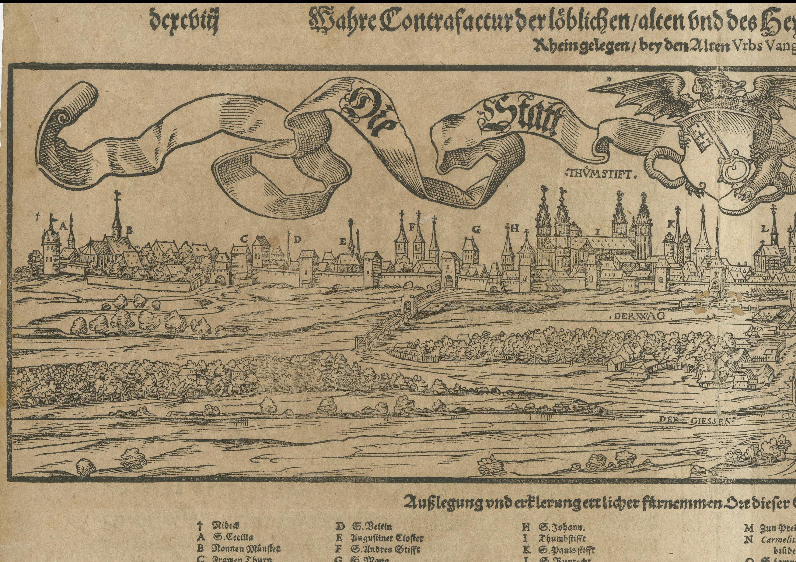 Vista panoramica di Worms del XVI secolo: Una xilografia di Sebastian Münster In condizioni discrete in vendita a Langweer, NL