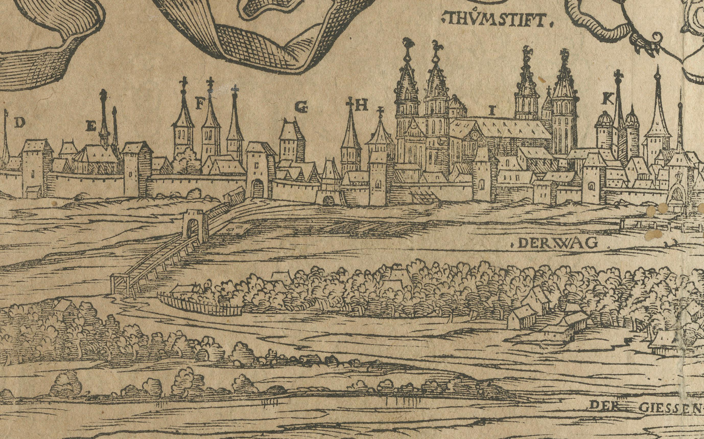 Fino al XVIII secolo Vista panoramica di Worms del XVI secolo: Una xilografia di Sebastian Münster in vendita