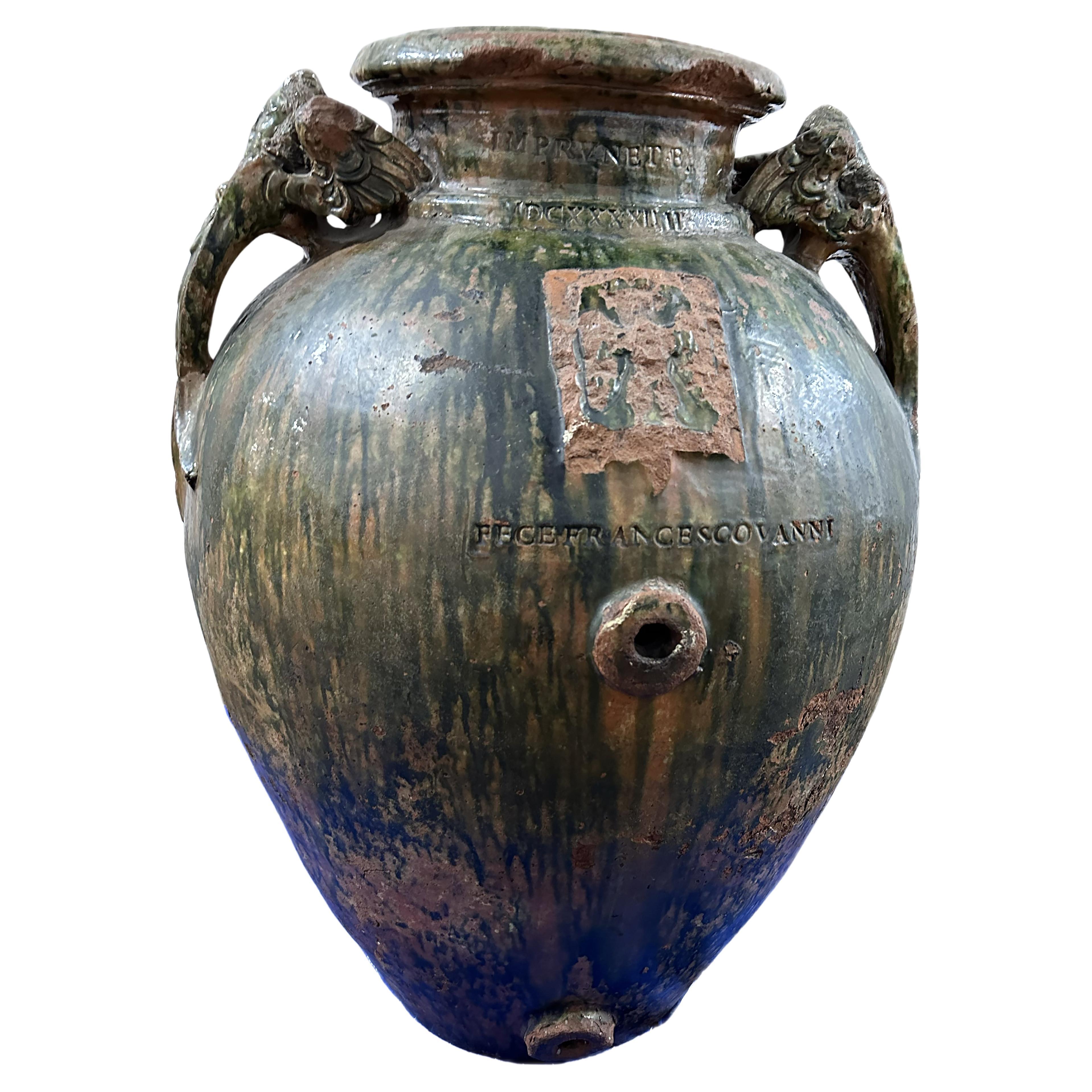 16th Century Period Ceramic Italian Olive Jar with Green and Burnt Ochre Patina  For Sale