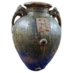 Used 16th Century Period Ceramic Italian Olive Jar with Green and Burnt Ochre Patina 