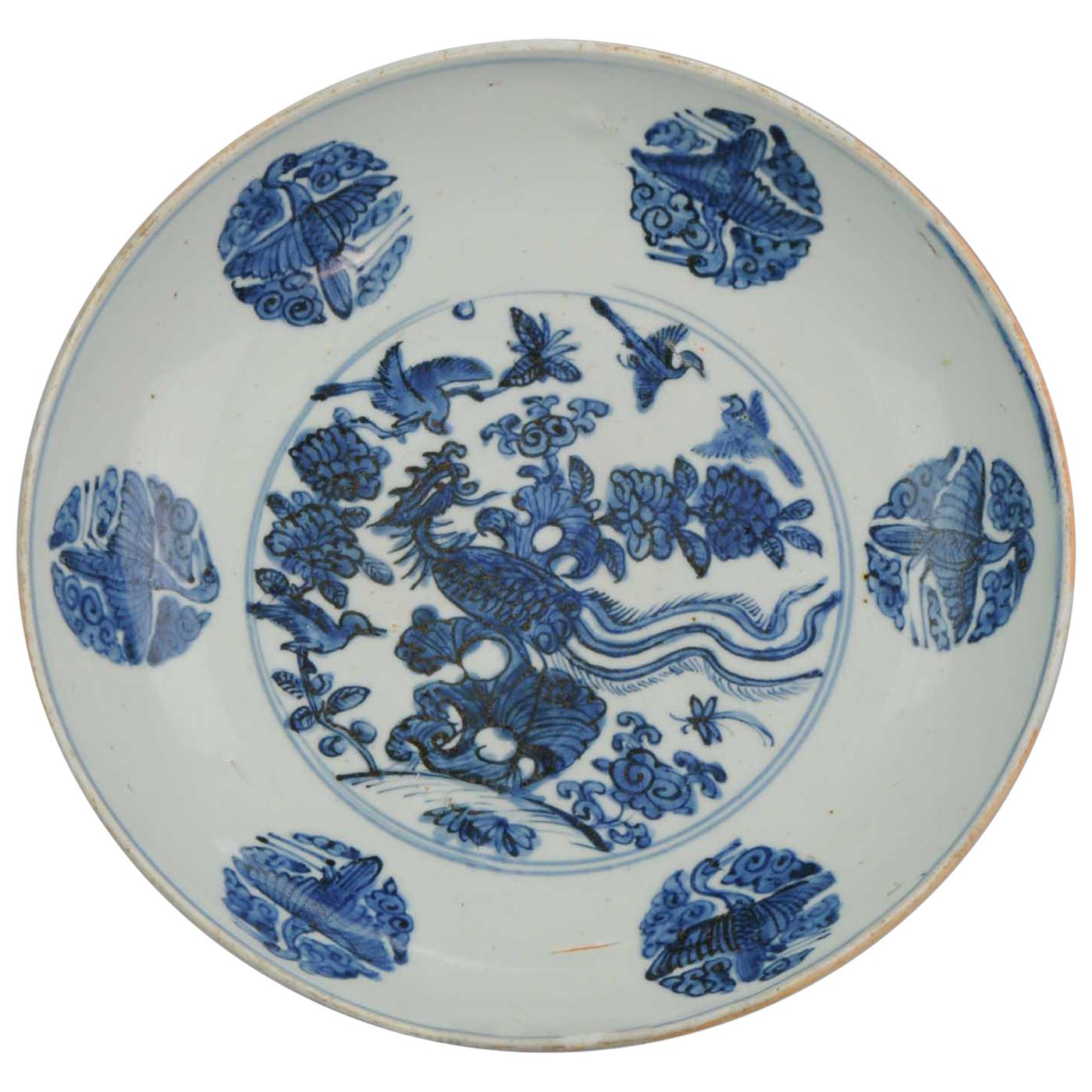 16th Century Period Chinese Porcelain Dish Charger Phoenix Flowers Antique Marke
