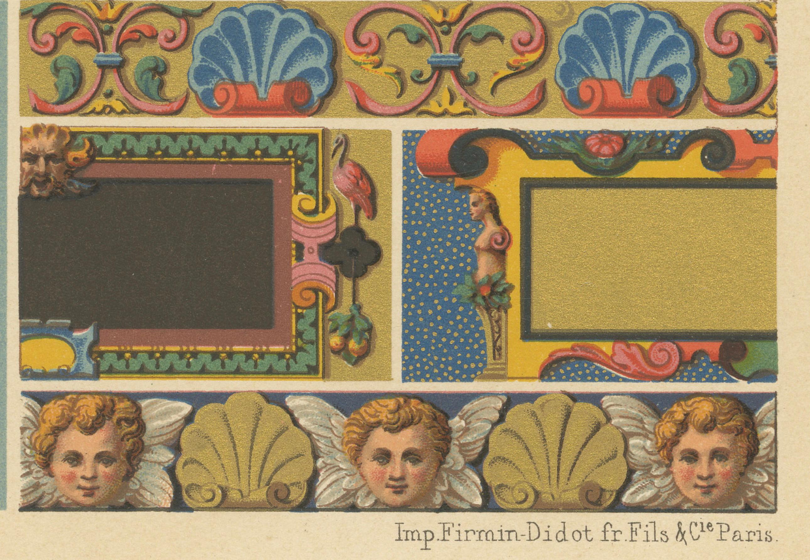 Bordures Renaissance du XVIe siècle - Panneaux ornementaux de L'Ornement Polychrome, planche LXXI

Cette feuille vivante et très décorative est la planche LXXI de la célèbre série chromolithographique L'Ornement Polychrome, réalisée sous la