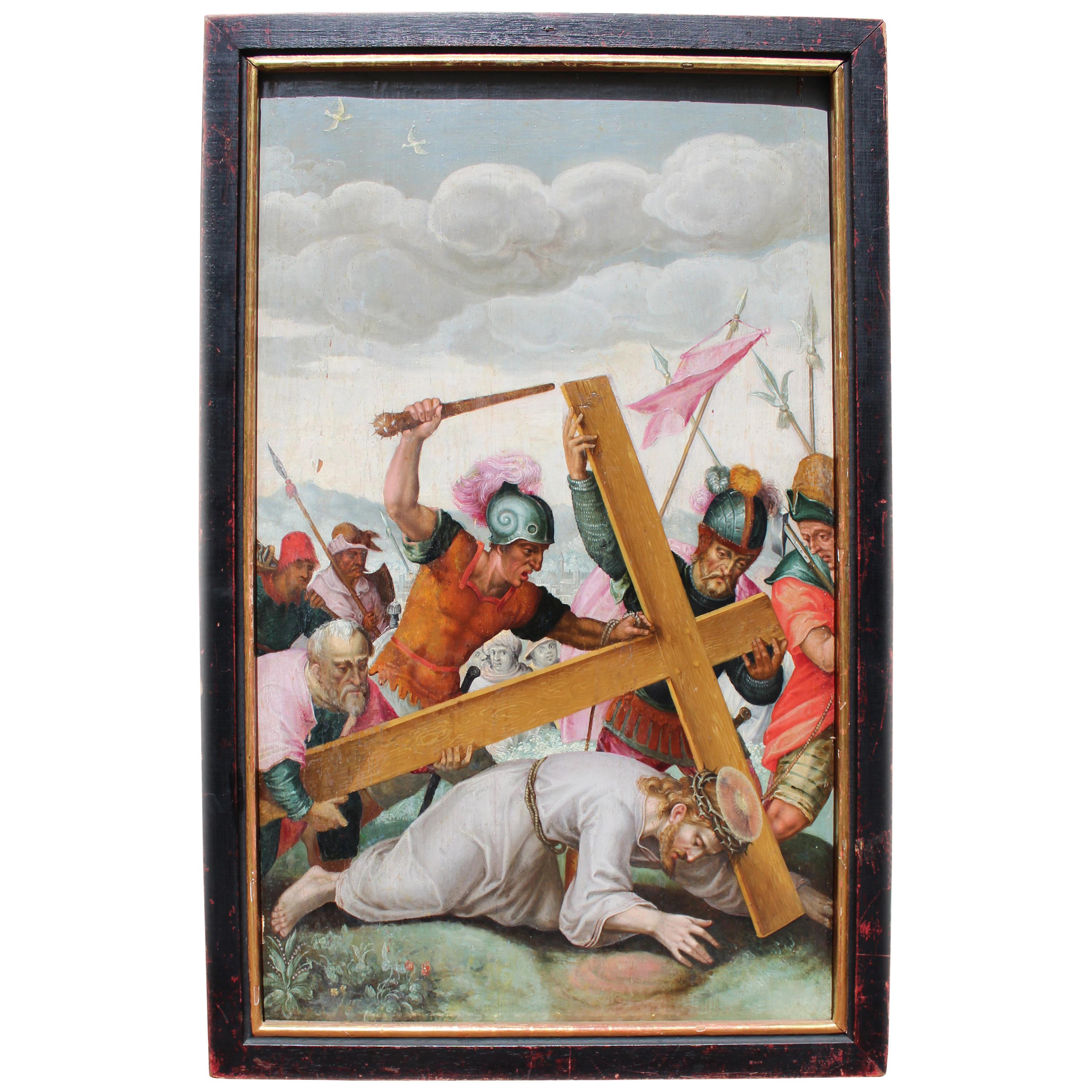 16th Century Renaissance Christoph Schwarz Oil on Wood Christ Going to Calvary For Sale