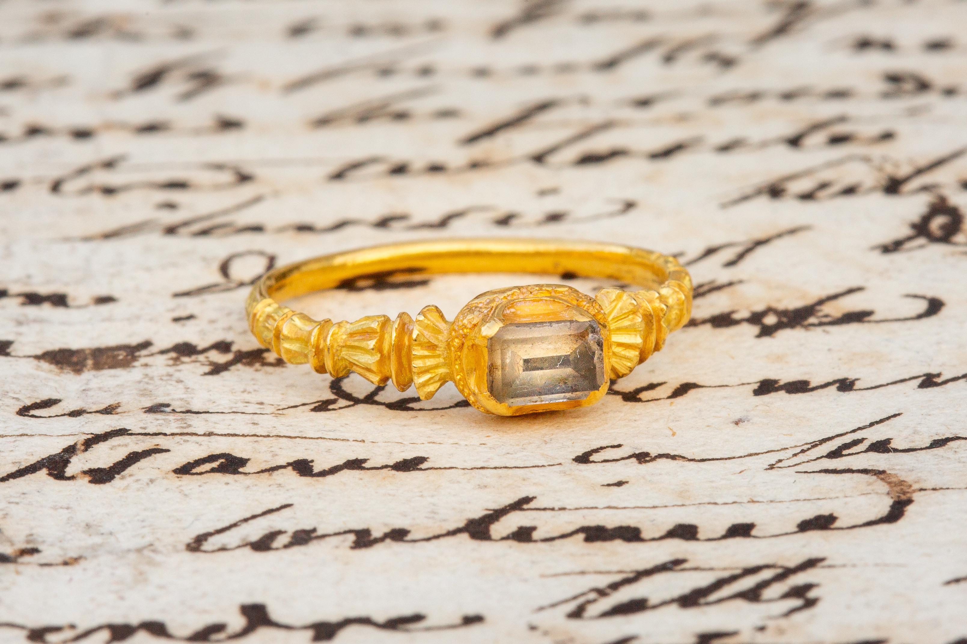 Emerald Cut 16th Century Renaissance Gold Ring with Table Cut Rock Crystal 22K Gold  For Sale