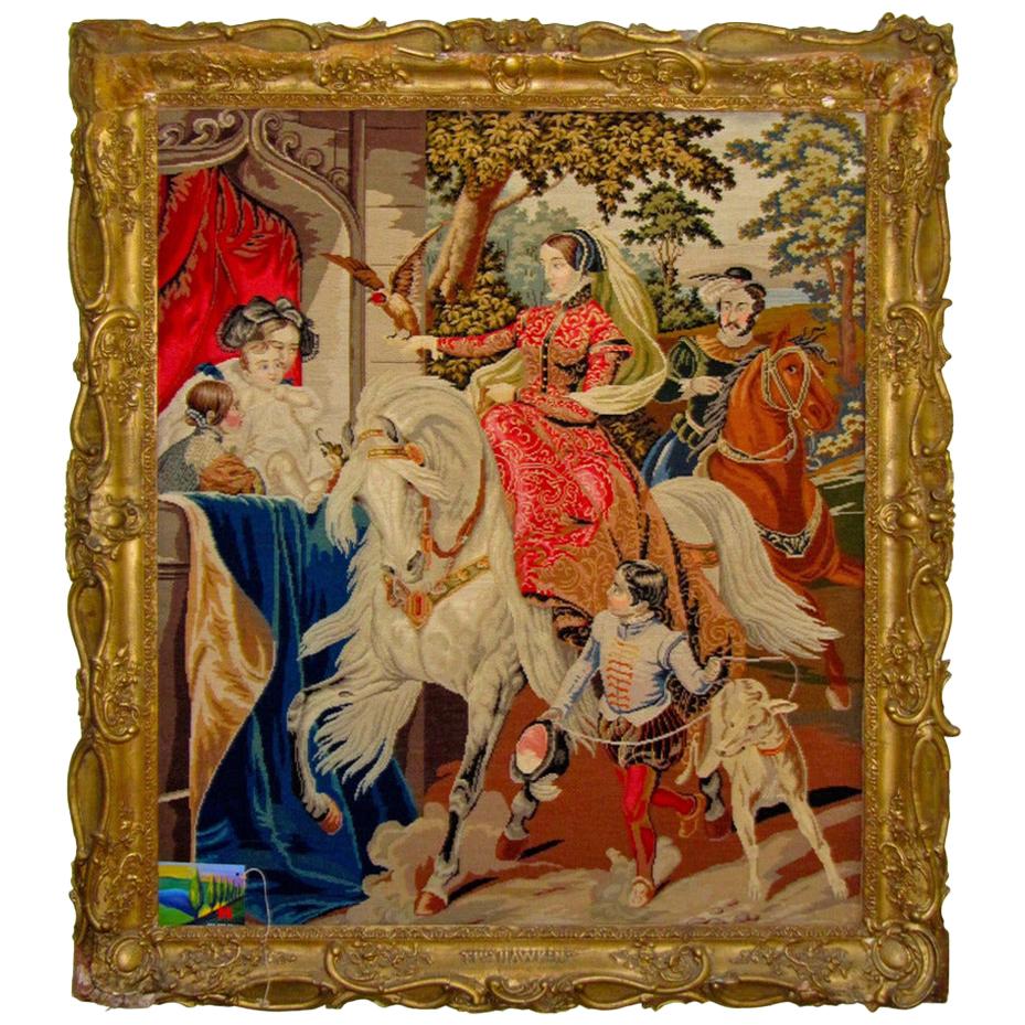 16th Century Royal English Scene Needlepoint Tapestry'The Hawking', 19th Century For Sale