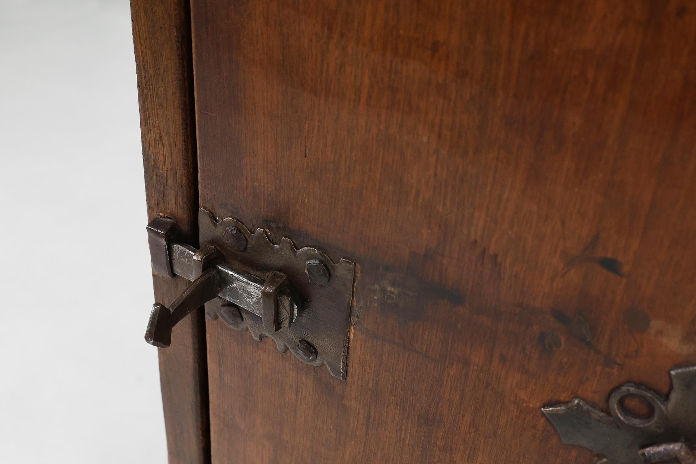 Wrought Iron 16th Century rustic cabinet in oak with ironwork, France