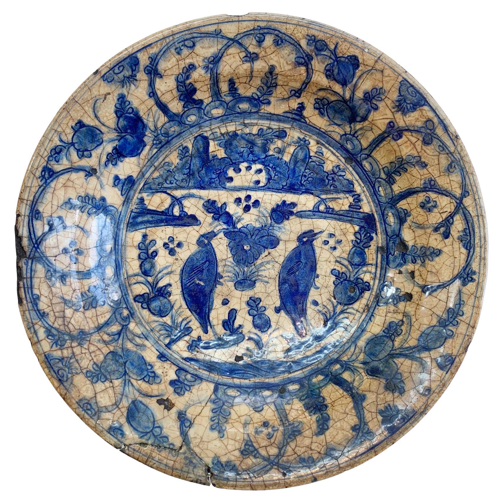 16th Century Safavid Blue and White Pottery Dish / Plate, Persian Ceramics