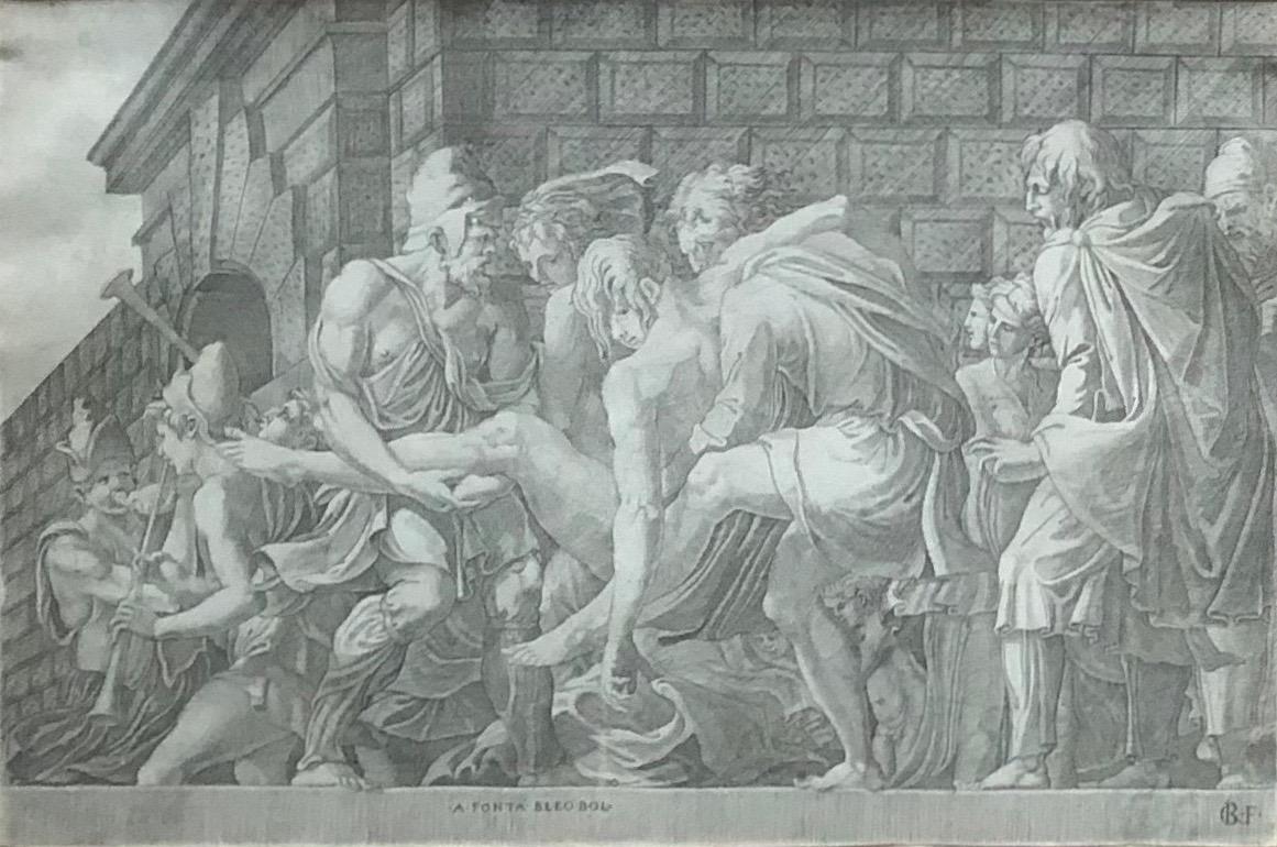 This 16th century French engraving illustrates an episode in the Trojan War – although the actual one illustrated is in question. According to recent scholarship, it depicts the corpse the hoary Trojan warrior Hector being carried into the walled