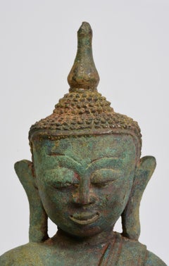 16th Century, Shan, Antique Burmese Bronze Buddha Sitting on Double Lotus Base