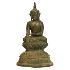 16th Century, Shan, Antique Burmese Bronze Buddha Sitting on Double Lotus Base