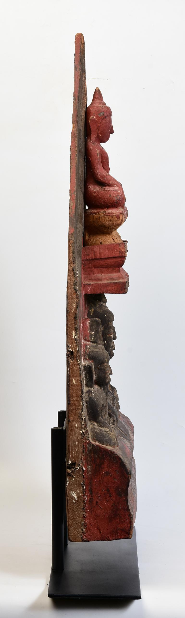 16th Century, Shan, Antique Burmese Wood Carving Panel with A Set of Buddhas For Sale 7