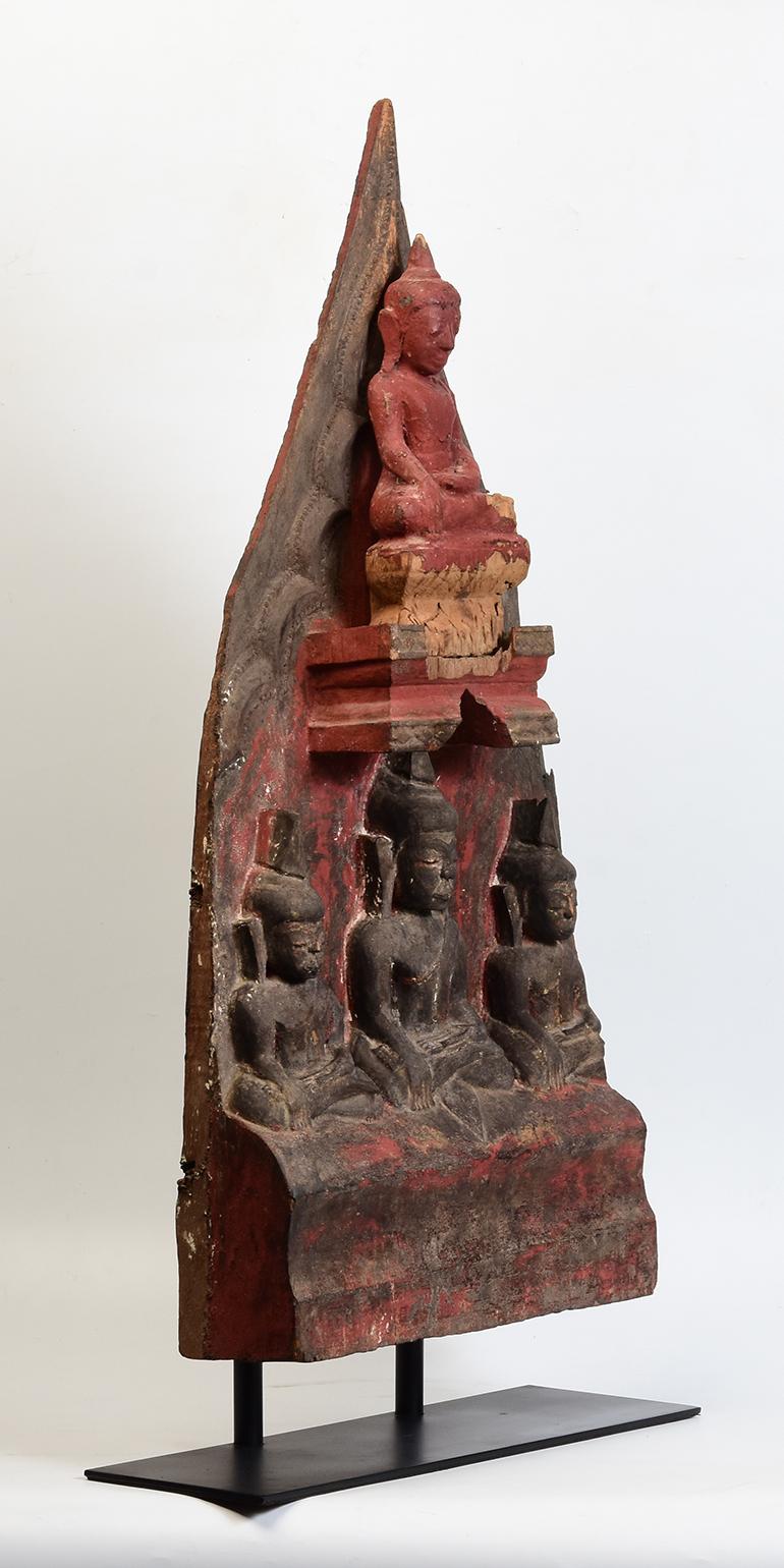 16th Century, Shan, Antique Burmese Wood Carving Panel with A Set of Buddhas For Sale 8