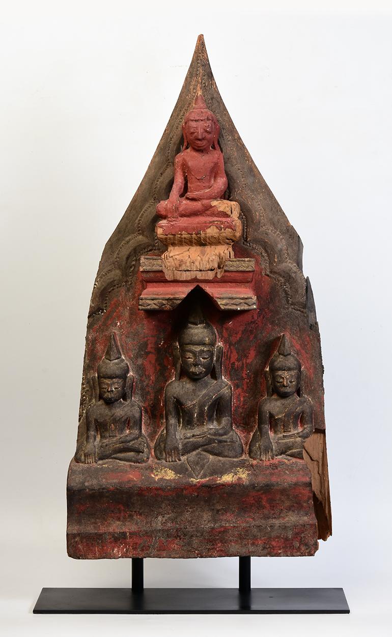 Rare antique Burmese wood carving panel with a set of Buddhas.

Age: Burma, Shan Period, 16th Century
Size of panel only: Height 83.3 C.M. / Width 43 C.M. / Depth 11 C.M.
Height including stand: 92 C.M.
Condition: Some expected degradation due to