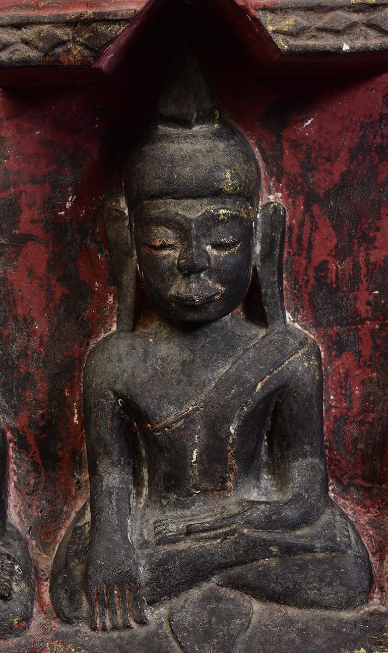 18th Century and Earlier 16th Century, Shan, Antique Burmese Wood Carving Panel with A Set of Buddhas For Sale
