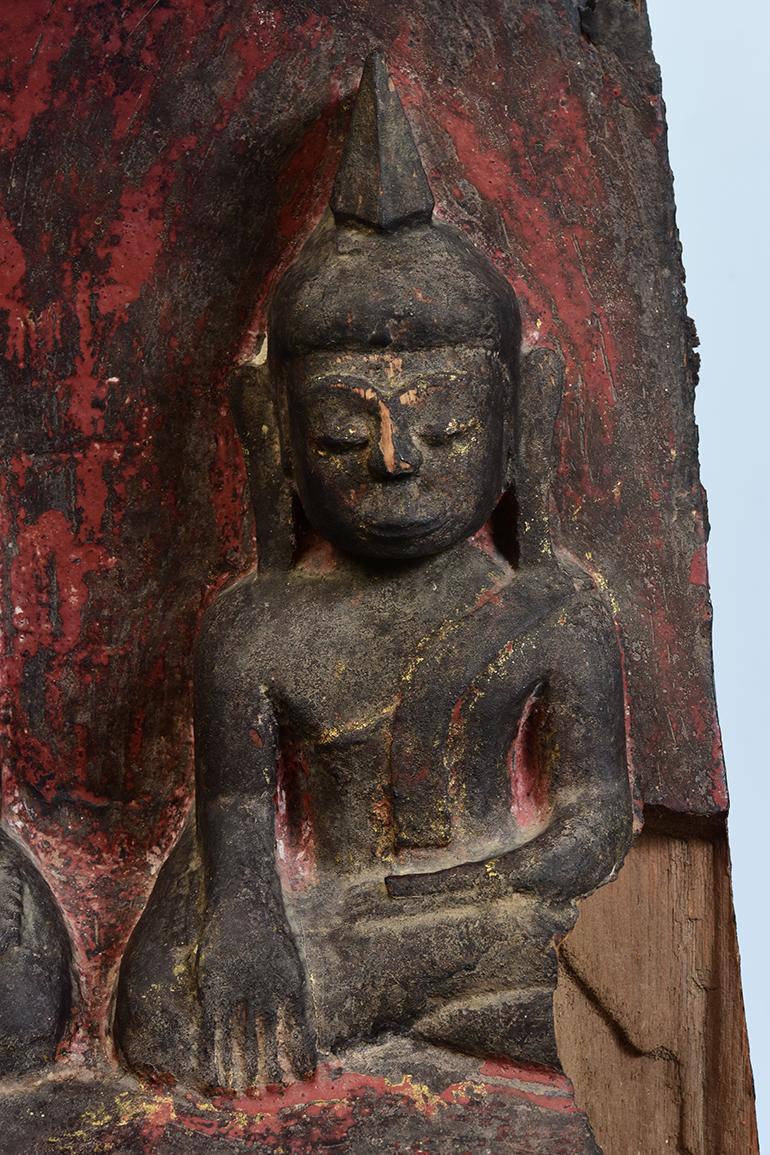16th Century, Shan, Antique Burmese Wood Carving Panel with A Set of Buddhas For Sale 1