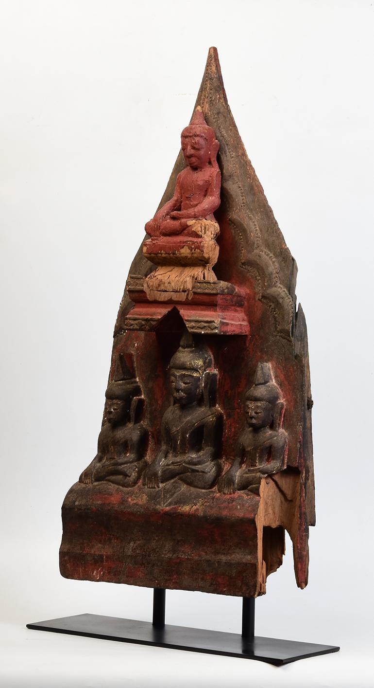 16th Century, Shan, Antique Burmese Wood Carving Panel with A Set of Buddhas For Sale 3