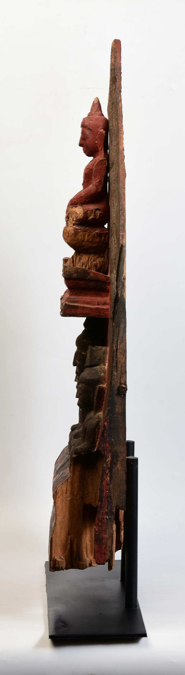 16th Century, Shan, Antique Burmese Wood Carving Panel with A Set of Buddhas For Sale 4