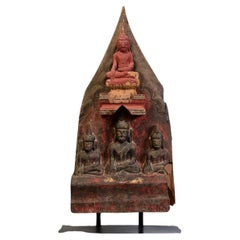 16th Century, Shan, Antique Burmese Wood Carving Panel with A Set of Buddhas