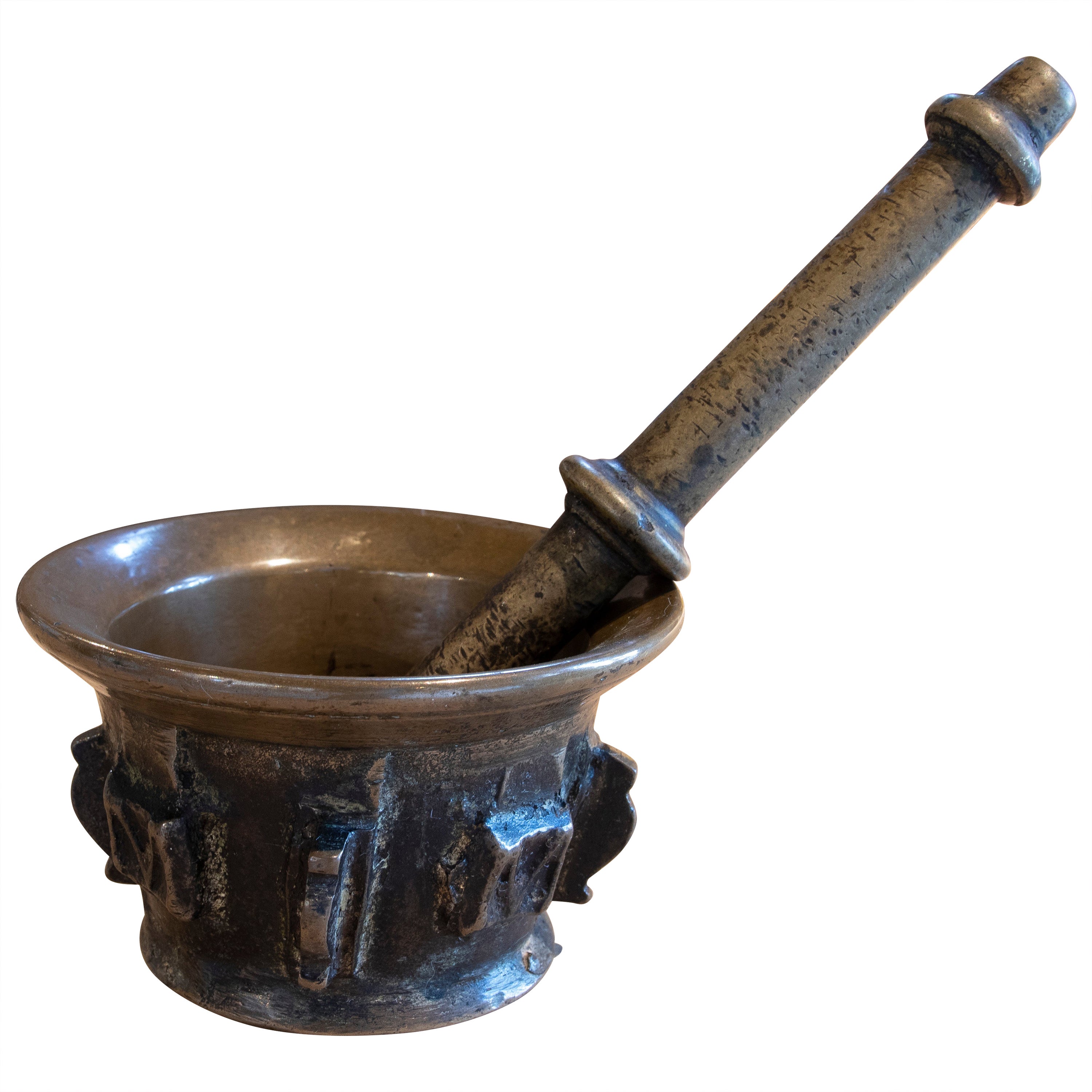 Mortaio di bronzo spagnolo del XVI secolo con lettere M sui lati in vendita