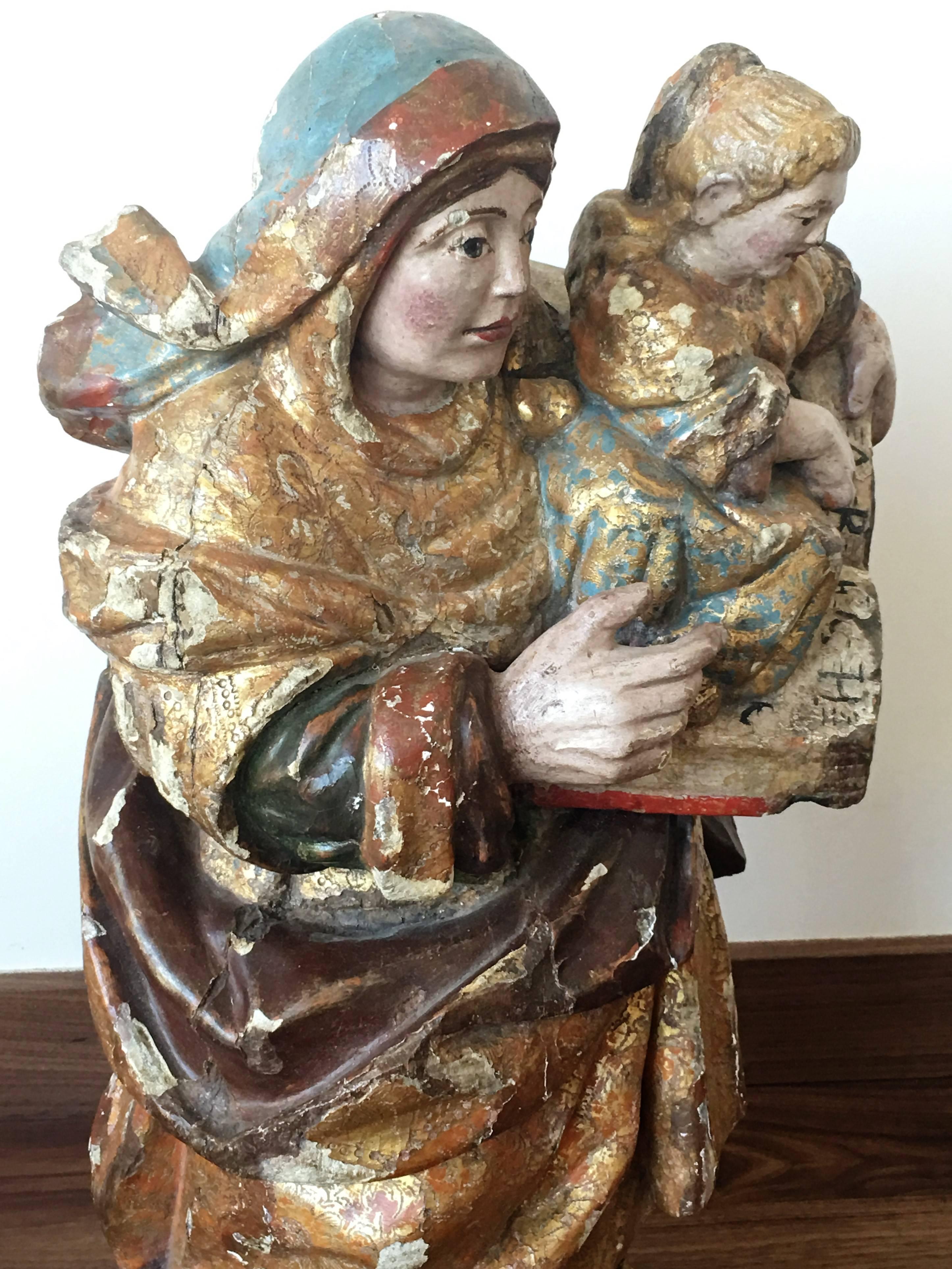 Baroque 16th Century Spanish Carved & Polychrome Painted Saint Anne with the Infant Mary For Sale