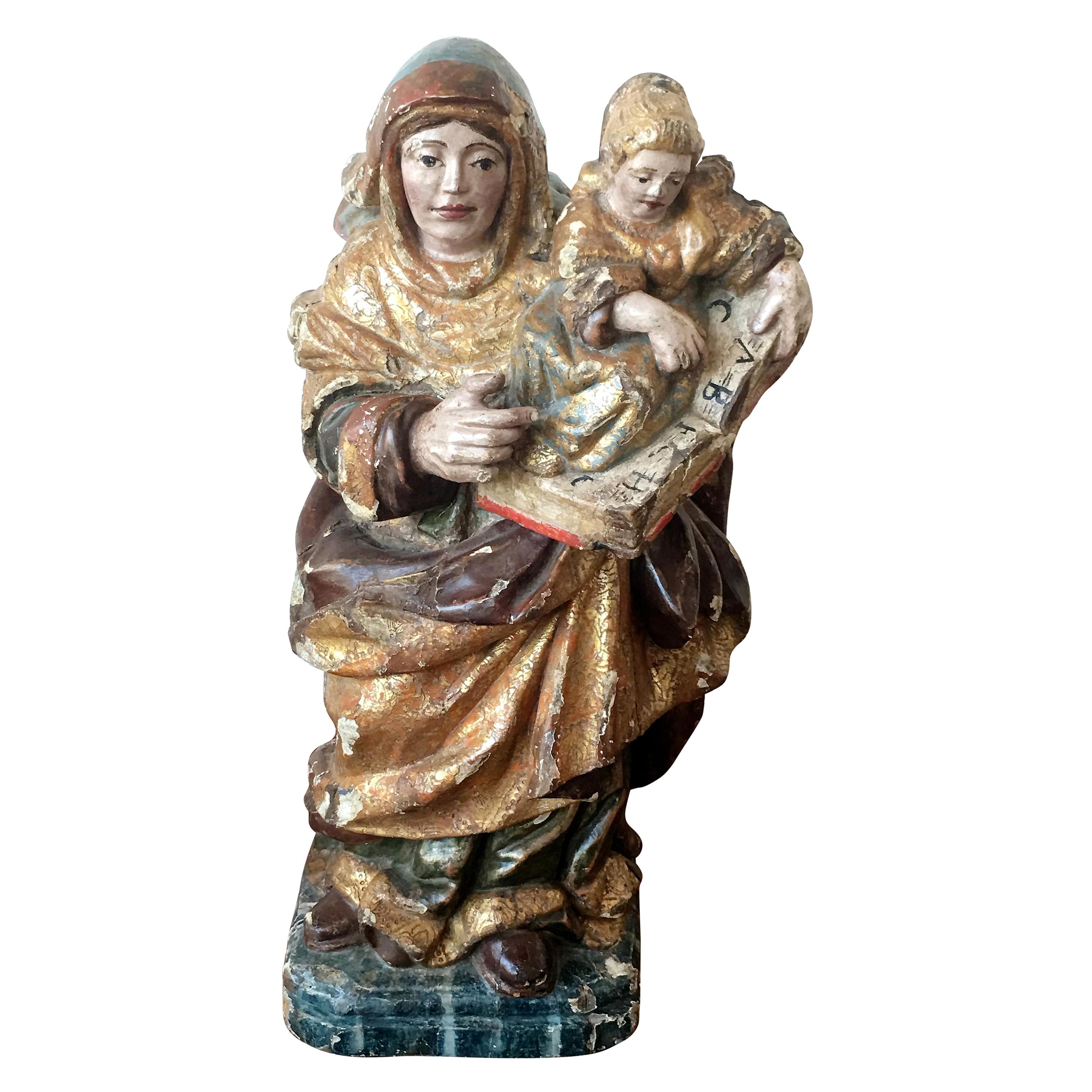 16th Century Spanish Carved & Polychrome Painted Saint Anne with the Infant Mary