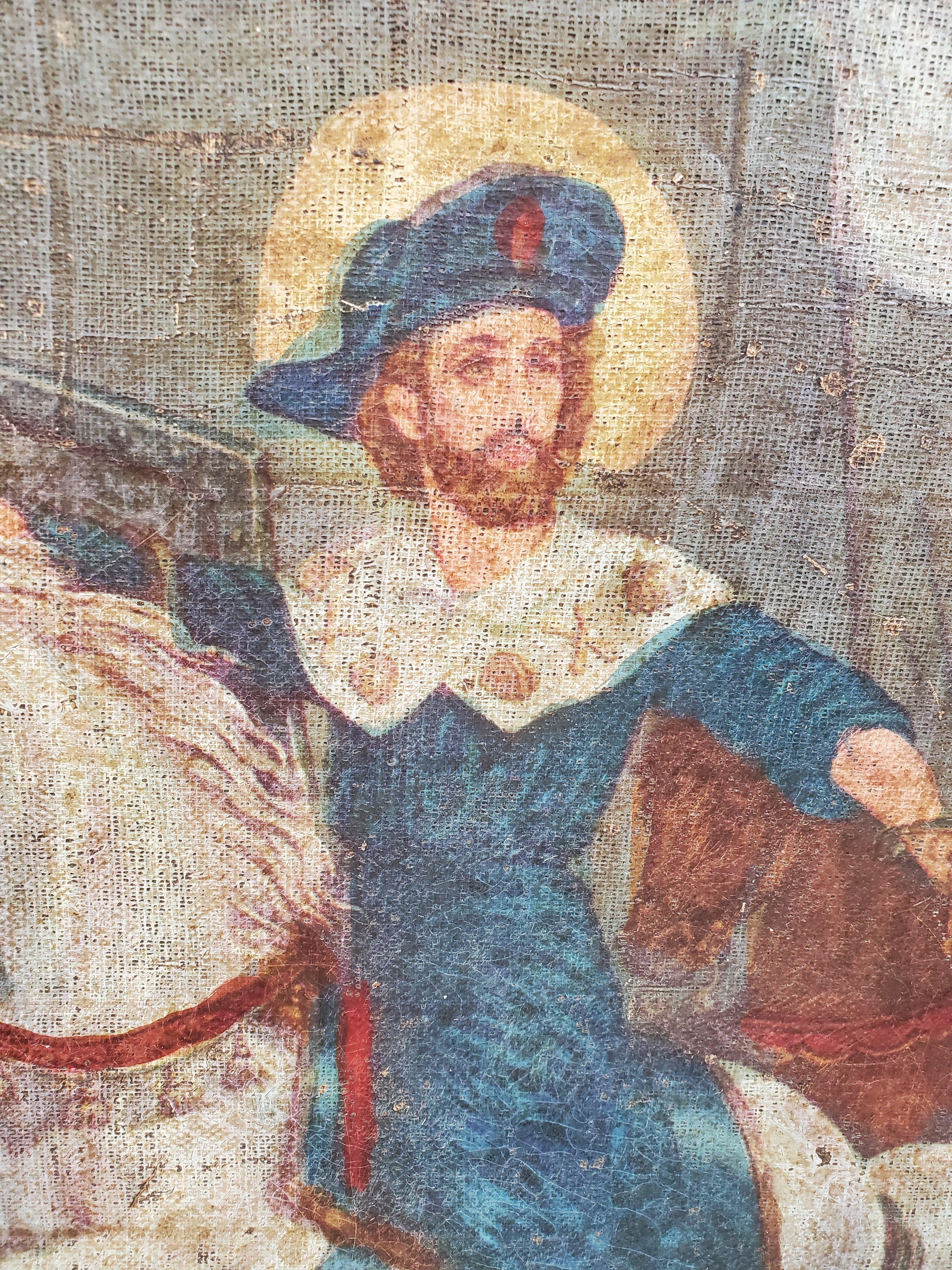 Rare 16th century Spanish Colonial painting. Oil on canvas depicting a mounted “Crusader”. 
Cuzco School, Peru, circa 1590
Measures: 19
