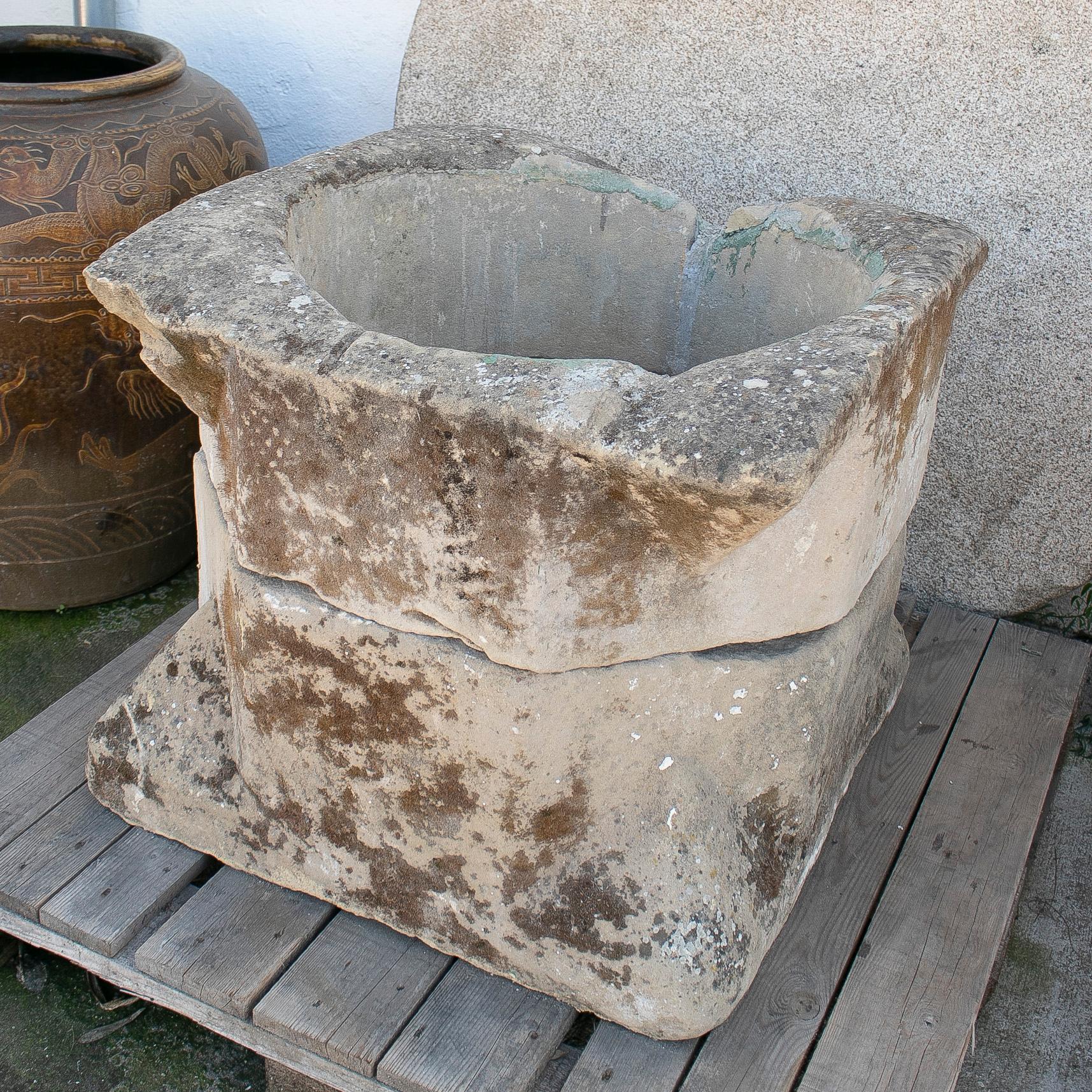 Antique 16th century Spanish late Gothic style 2-part handcarved stone water well.
