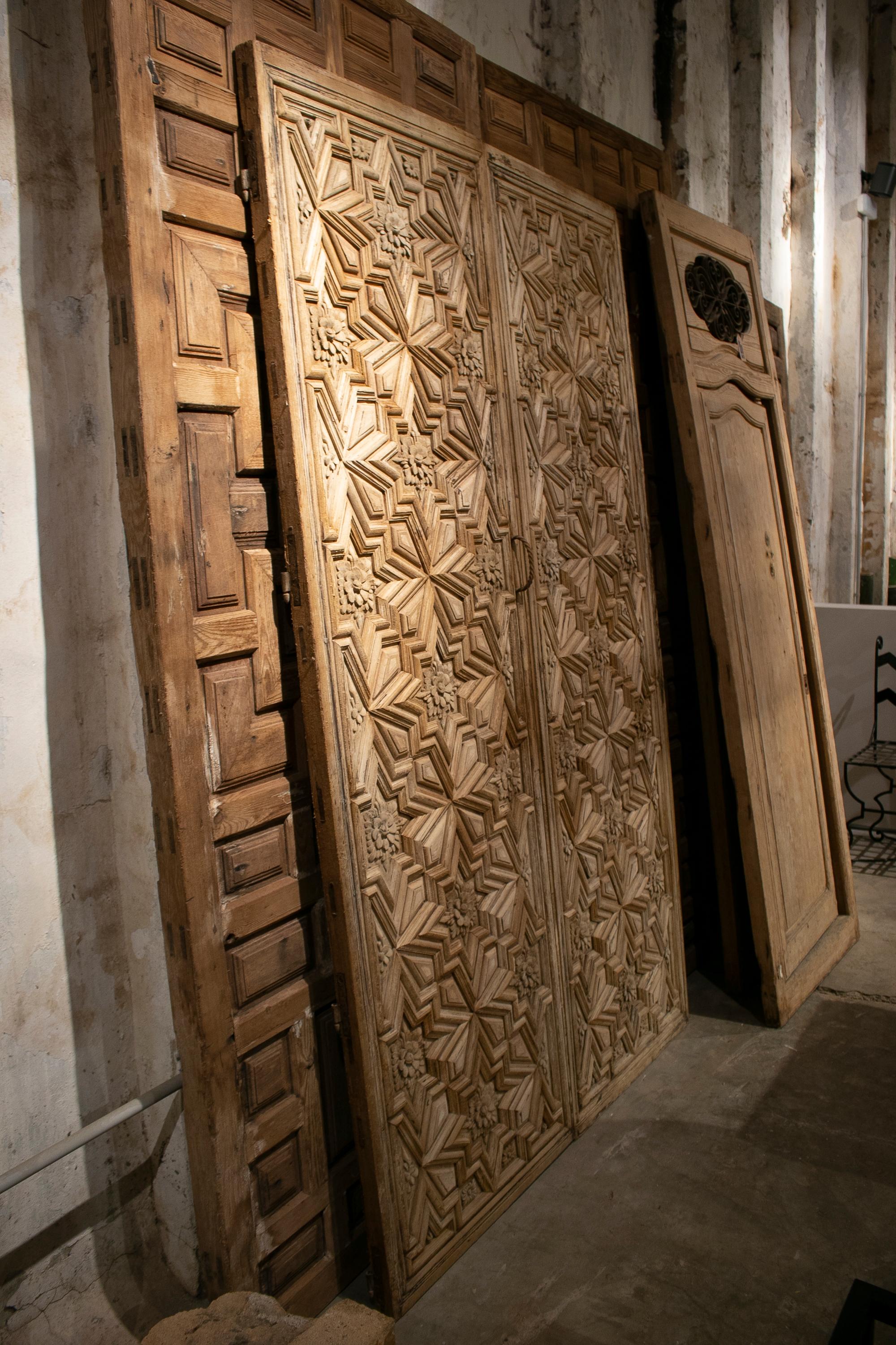 18th Century and Earlier 16th Century Spanish Lime Washed Hand Carved Wooden Double Door