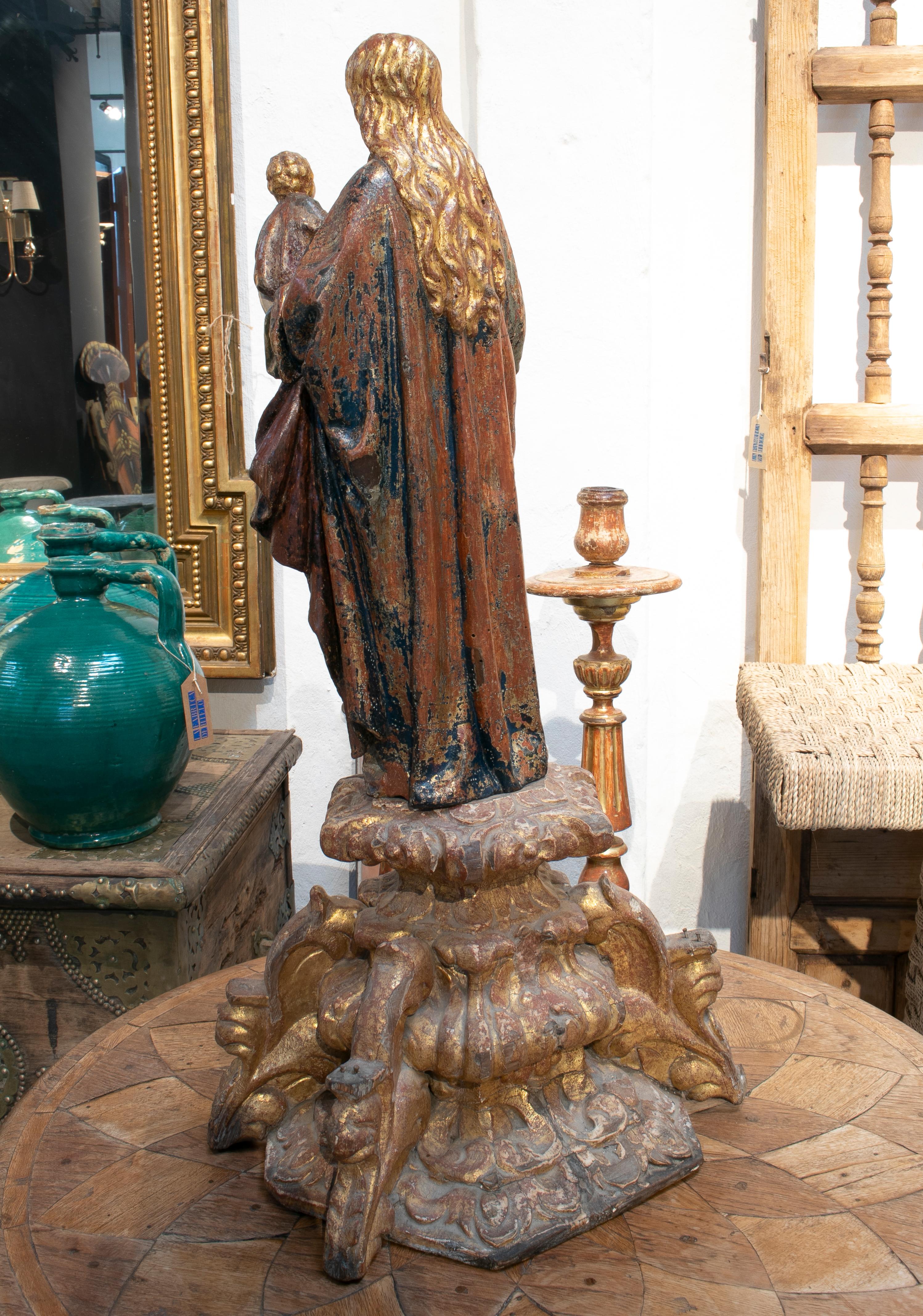 18th Century and Earlier 16th Century Spanish Religious Painted Wooden Sculpture of Woman with Boy